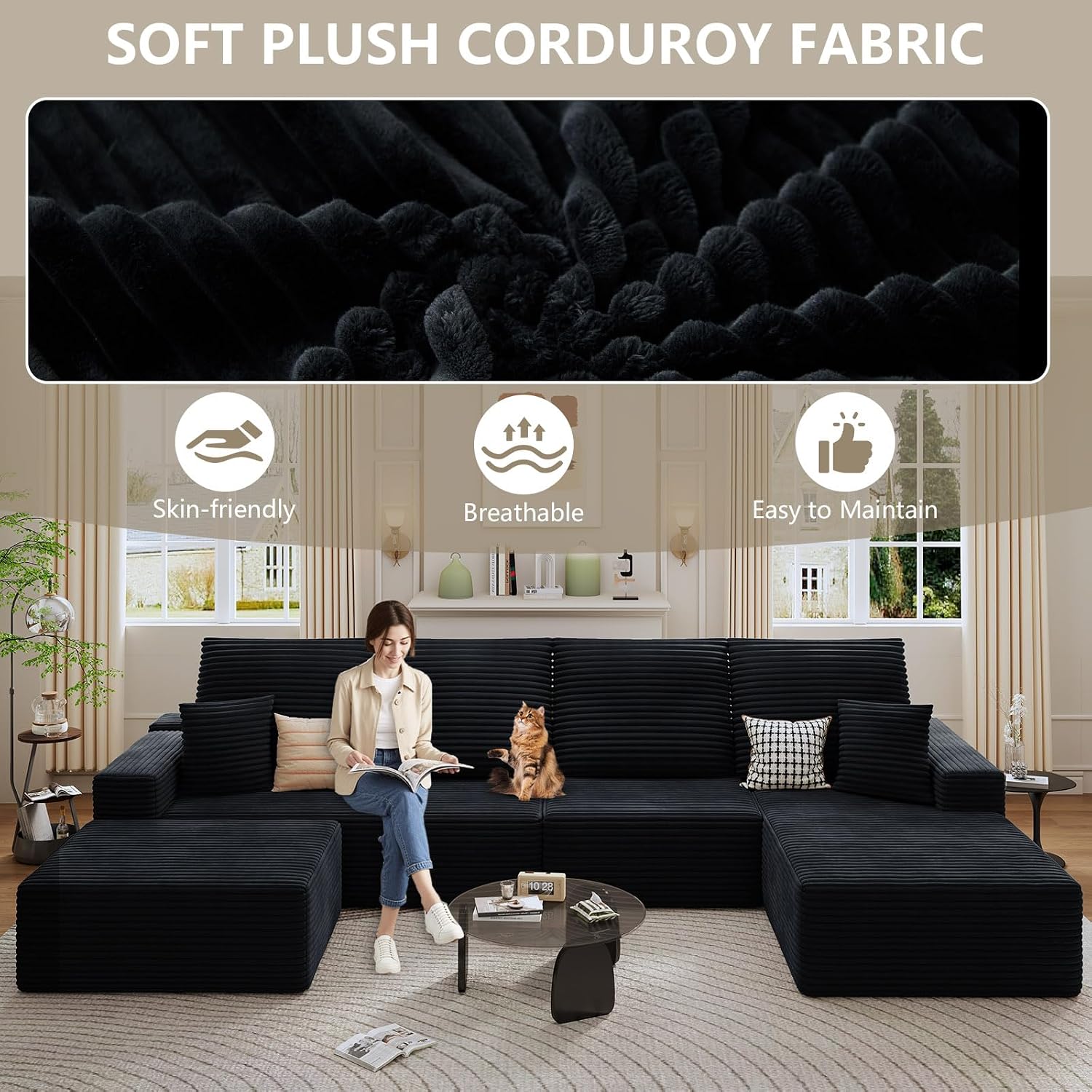 135' Cloud Sectional Couch with U-Shaped Chaise, Corduroy Sectional Sofa with Ottoman, Boneless Couch with Deep Seat in a Box for Living Room, No Assembly Required (Black, Right Facing Chaise)