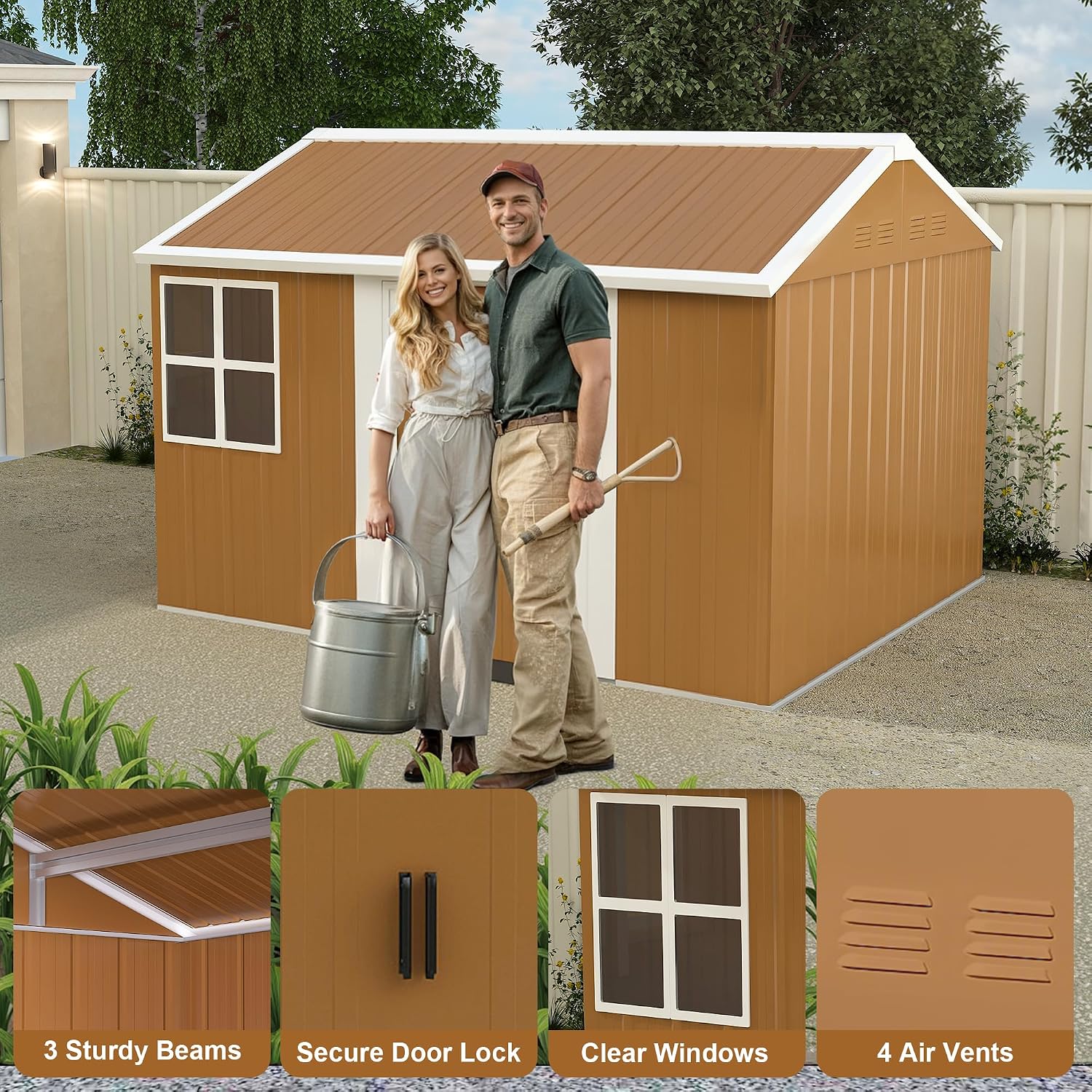 Montary 8X10 FT Outdoor Storage Shed with Windows, Lockable Door & Ventilation - Weatherproof Metal Garden Shed, Outdoor Tool Storage House for Backyard, Lawn, Patio,Yard