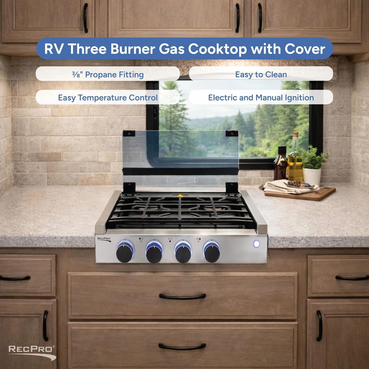RecPro RV Built In Gas Cooktop | 2 Burner or 3 Burner | RV Cooktop Stove | 6,500 and 8,000 BTU Burners | Cover Included (Stainless Steel, 3-Burner)