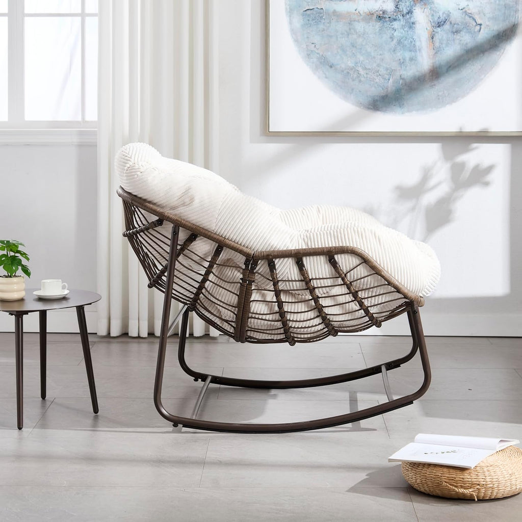 Wicker Outdoor Rocking Chair Rattan Egg Chair with Thick Cushion 30° Smooth Rocking Patio Lounge Reclining for Indoor Outdoor Use Living Room Front Porch Balcony Lawn Garden, White