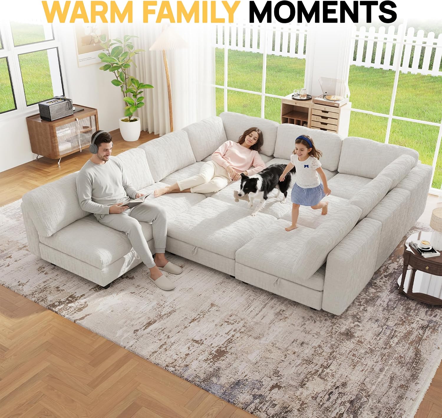 Oversized Modular Sectional Chenille Sofa Bed with Hidden Storage, Comfy Modern 10 Seater Deep Seat Couch, Modular Sectional with Ottoman and Removable Cover for Living Room, Apartment, Beige