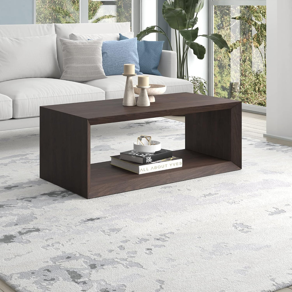 Henn&Hart 48' Rectangular Wood Coffee Table with Open Storage Shelf for Living Room, Family Room, or Office, Alder Brown