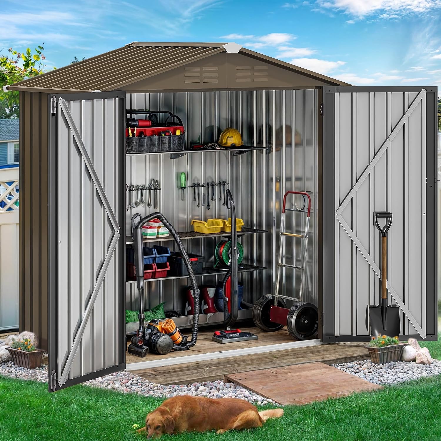 DWVO 6x4ft Metal Outdoor Tool Shed, Garden Storage Shed for Backyard, Lawn, and Patio, Heavy-Duty Storage Unit with Four Vents & Lockable Door for Storing Tools, Equipment & Trash Bins, Brown