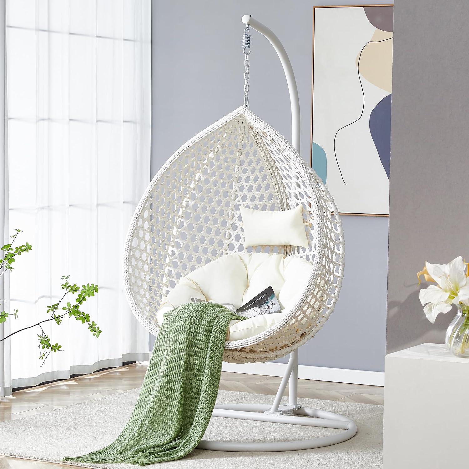 Egg Chair Indoor Outdoor, Hanging Chair for Bedroom, Swing Chair Hammock with Stand & Cushions, Comfy Swinging Adult Reading for Patio Balcony Backyard, Heavy Duty 350LBS, White