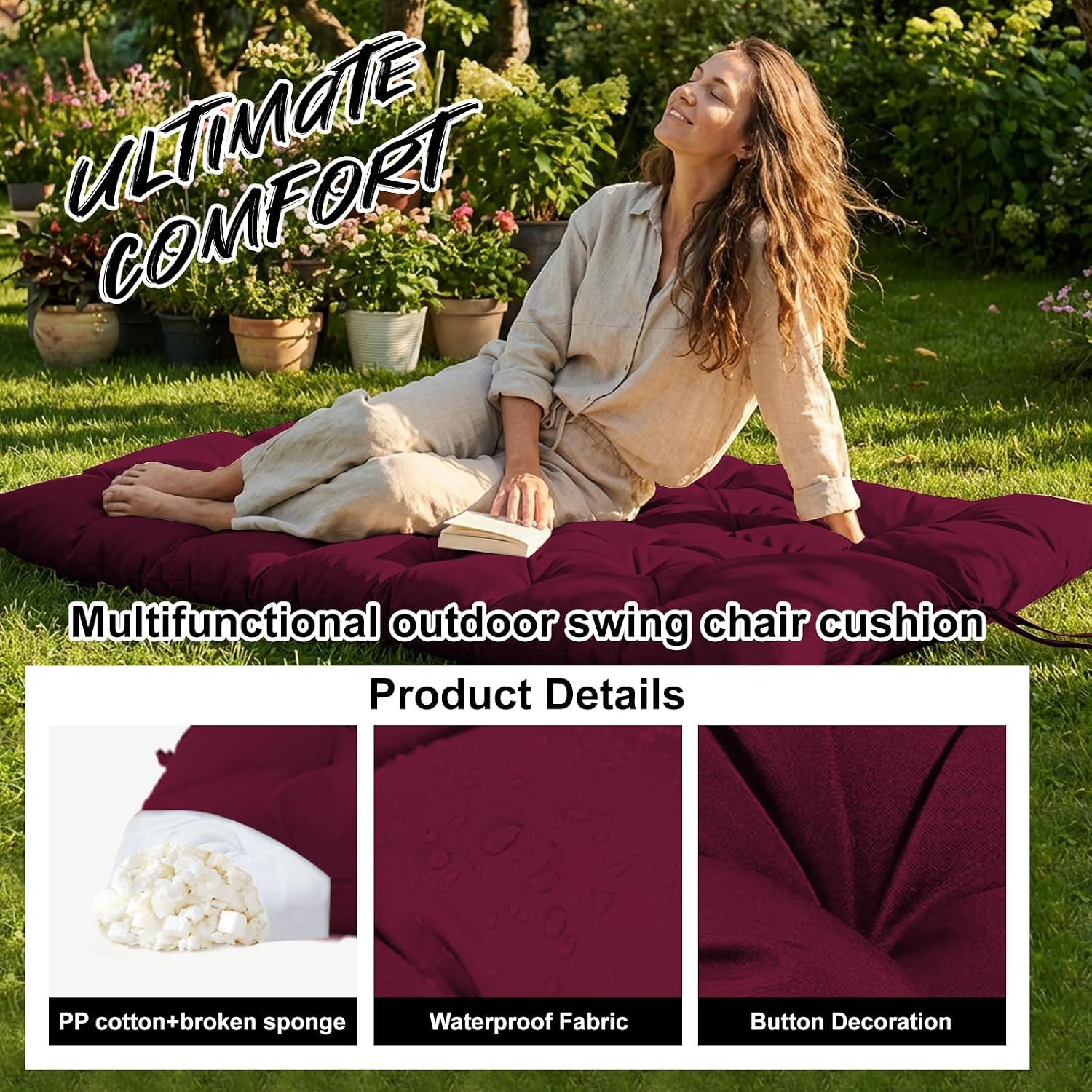 Waterproof Porch Swing Cushion Replacement, Thick 4' 2–3 Seat Outdoor Swing Seat Cushion with Backrest & Ties for Patio, Garden & Porch(Claret 40 * 60 in)