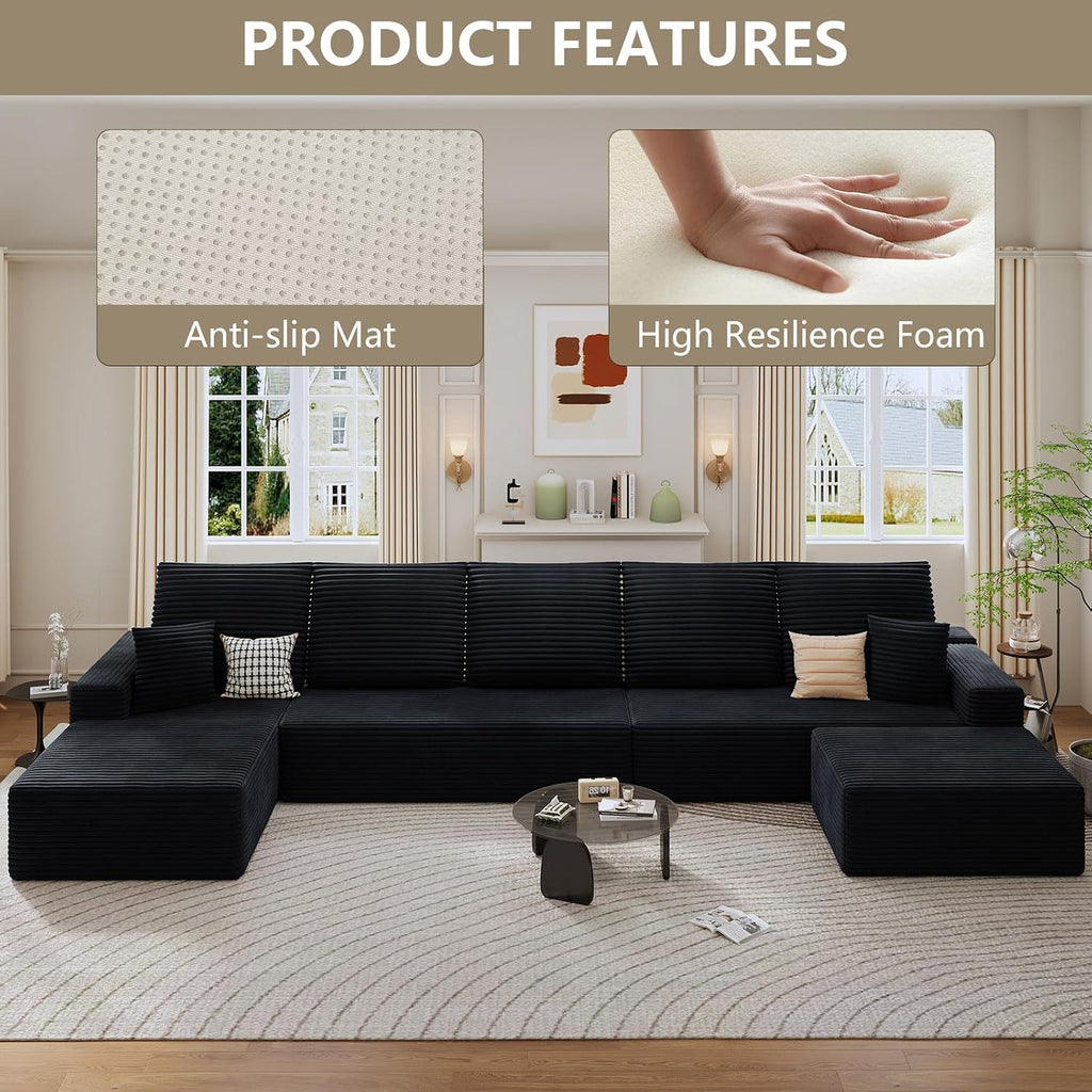 166.9' Cloud Sectional Couch with U-Shaped Chaise, Corduroy Sectional Sofa with Ottoman, Boneless Couch with Deep Seat in a Box for Living Room, No Assembly Required (Black, Left Facing Chaise)