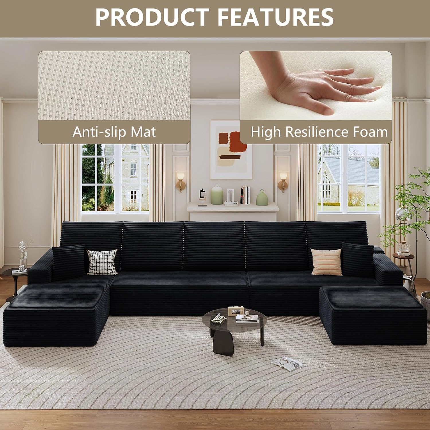 166.9' Cloud Sectional Couch with U-Shaped Chaise, Corduroy Sectional Sofa with Ottoman, Boneless Couch with Deep Seat in a Box for Living Room, No Assembly Required (Black, Left Facing Chaise)