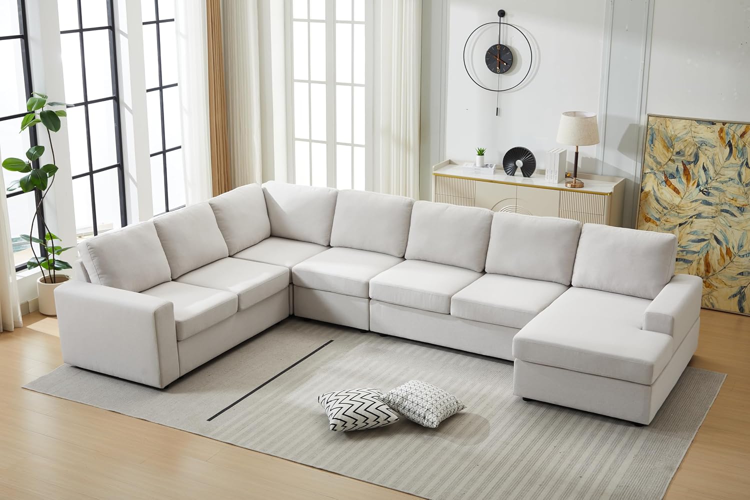 Ball & Cast 147' L-Shaped Sectional Couch for Living Room with Reversible Chaise & Removable Back Cushions,7 Seat Linen Upholstered Convertible Sectional Sofa Set,DIY Combination,for Home,Office,Beige