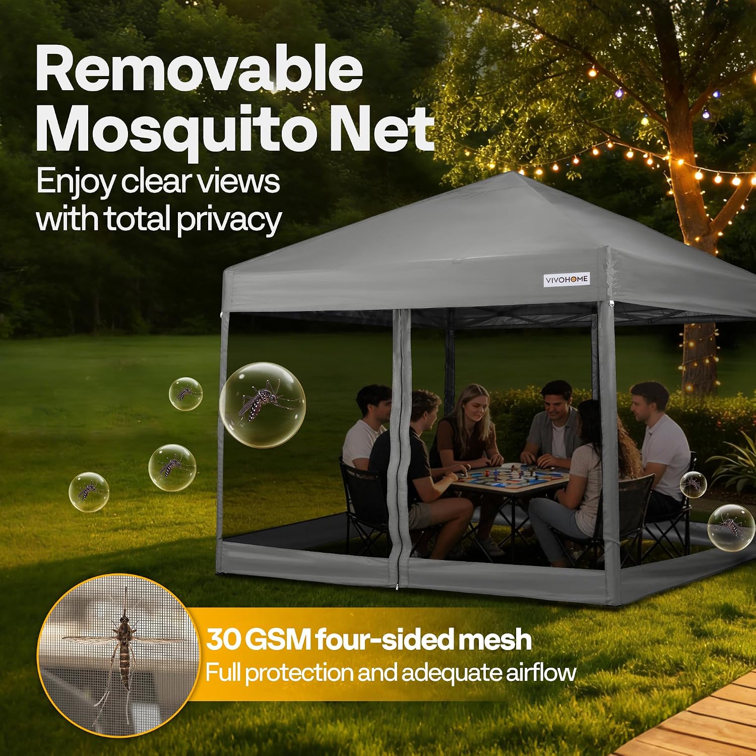 VIVOHOME 8x8ft Easy Pop-Up Canopy, Outdoor Screen Tent with Mosquito Netting, 2 Zipper Doors, and Roller Bag for Yard Camping Picnic Party Events, Grey
