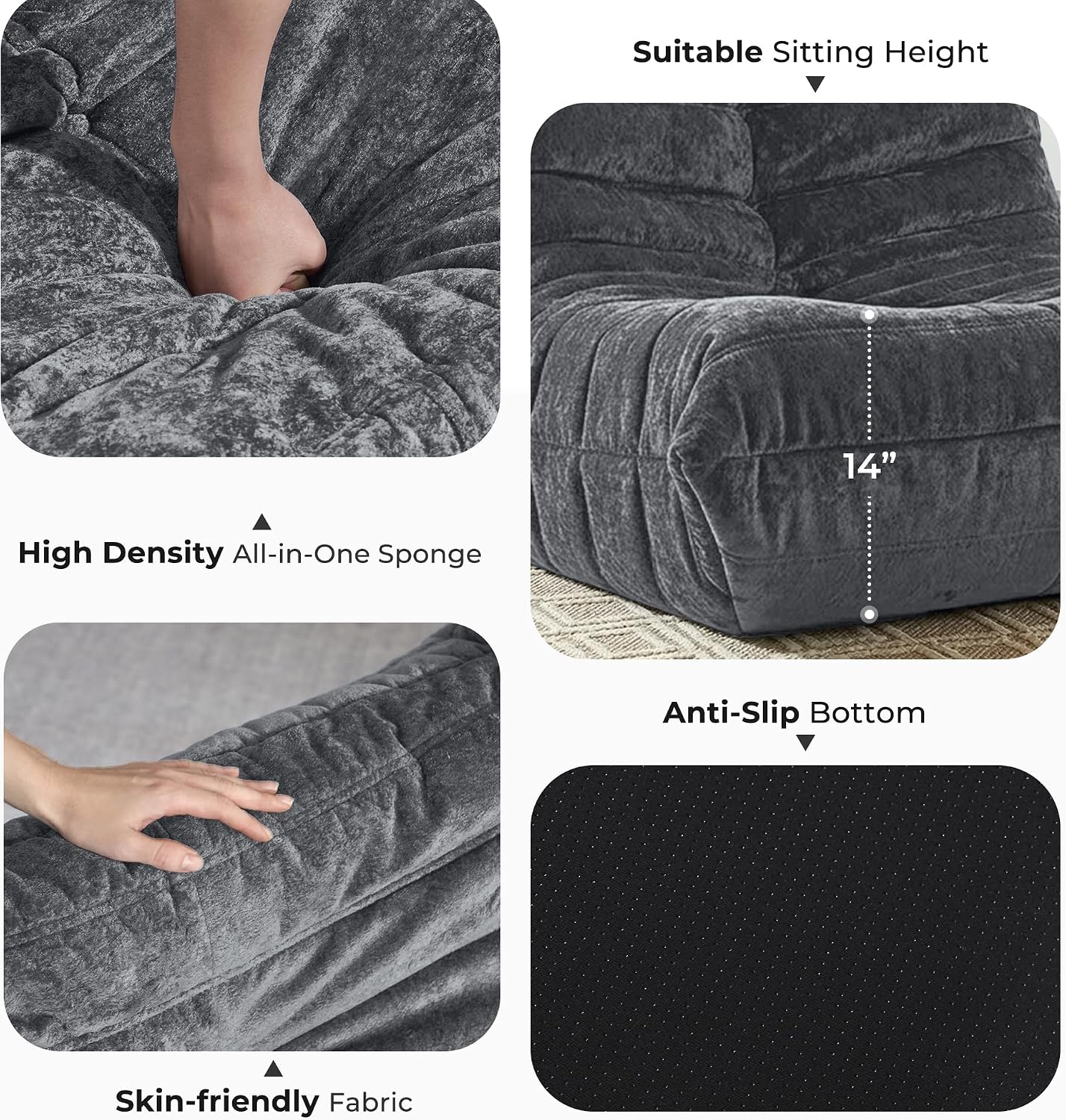 HABUTWAY Bean Bag Chair, Giant Bean Bag Chairs for Adults, Loveseat Fireside Chair, 2 Seater Lazy Bean Bag Sofa Memory Foam Couch for Living Room, Bedroom, Office (Grey)