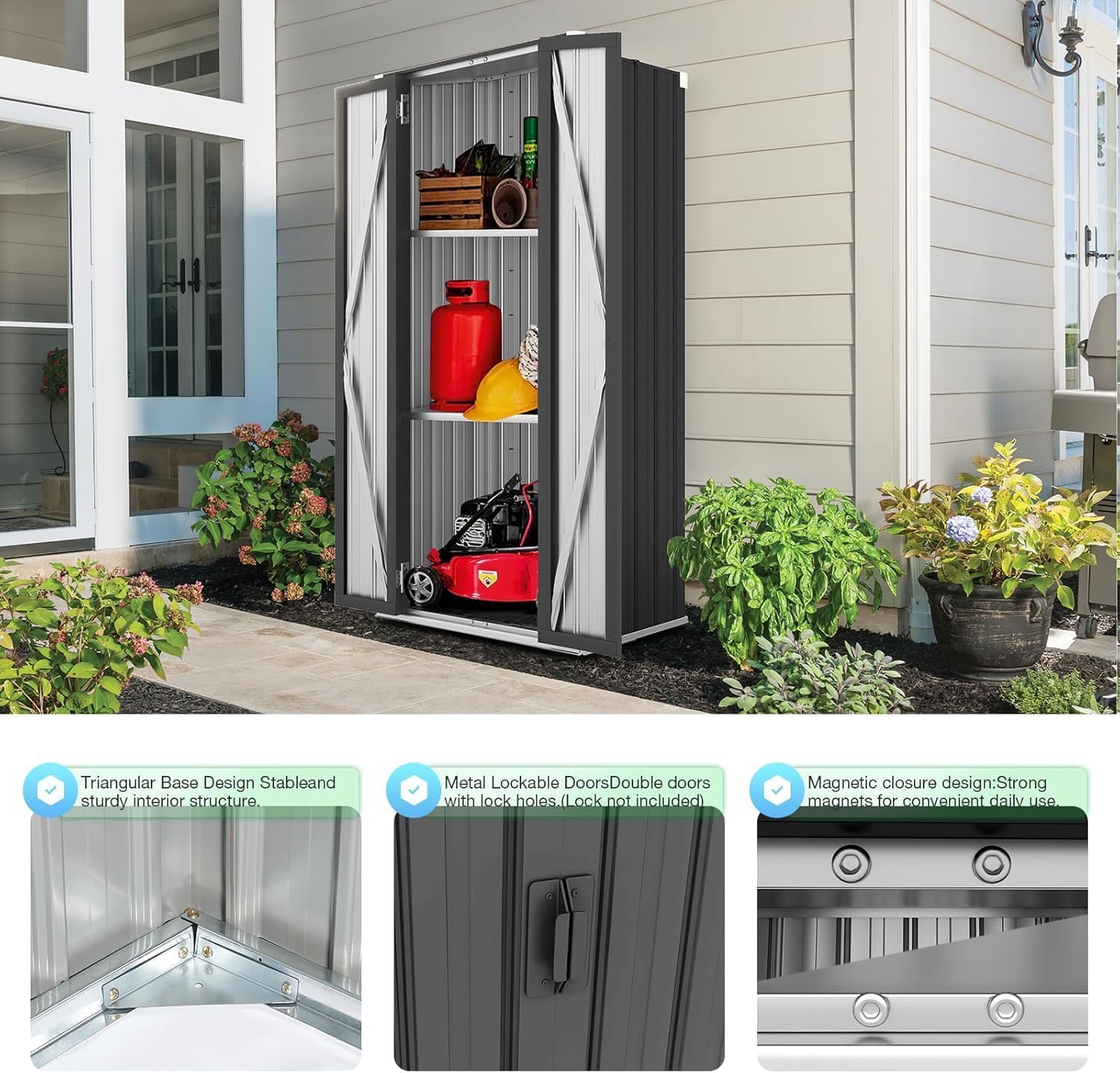 AECOJOY Outdoor Storage Cabinet Waterproof, Vertical Tall Outdoor Storage Cabinet with Shelves, Garden Sheds & Outdoor Storage Clearance Cabinet Weatherproof for Outside or Indoor in Dark Grey