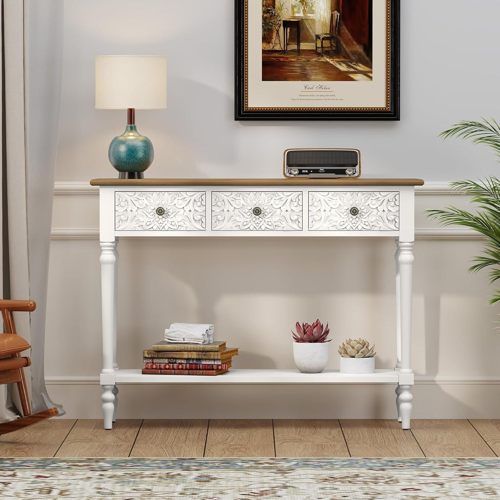 3More Entryway Console Table with 3 Drawers,42' Carved Hallway Table with Open Shelf,Long Sofa Table for Living Room, Hallway, Behind Couch,White