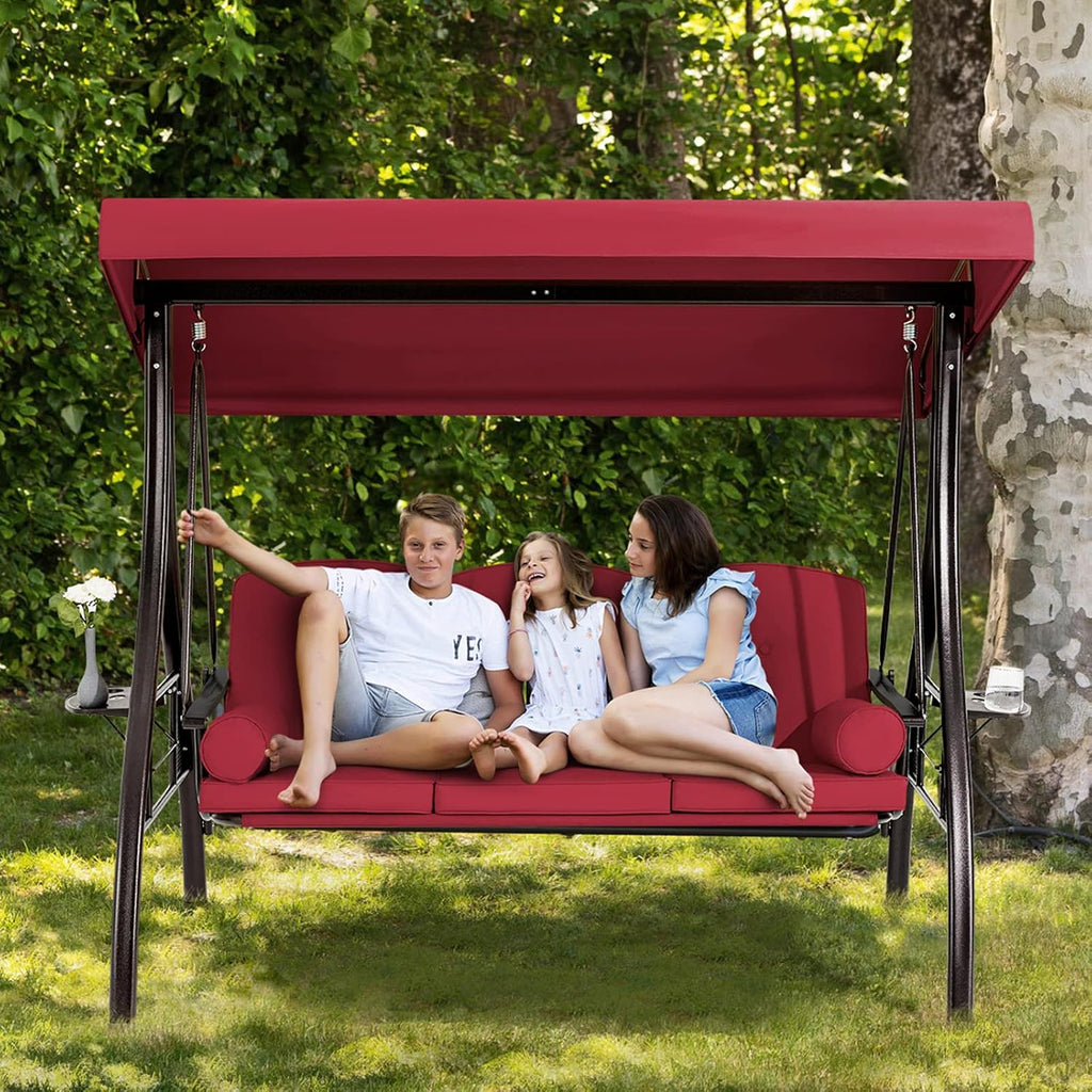HOMREST 3 Person Outdoor Porch Swing with 1.5' Upgraded Cup Holder, Adjustable Canopy, Backrest, Patio Swing Bed with Weather Resistant Steel Frame, Cushions for Garden,Deck and Poolside(Wine Red)