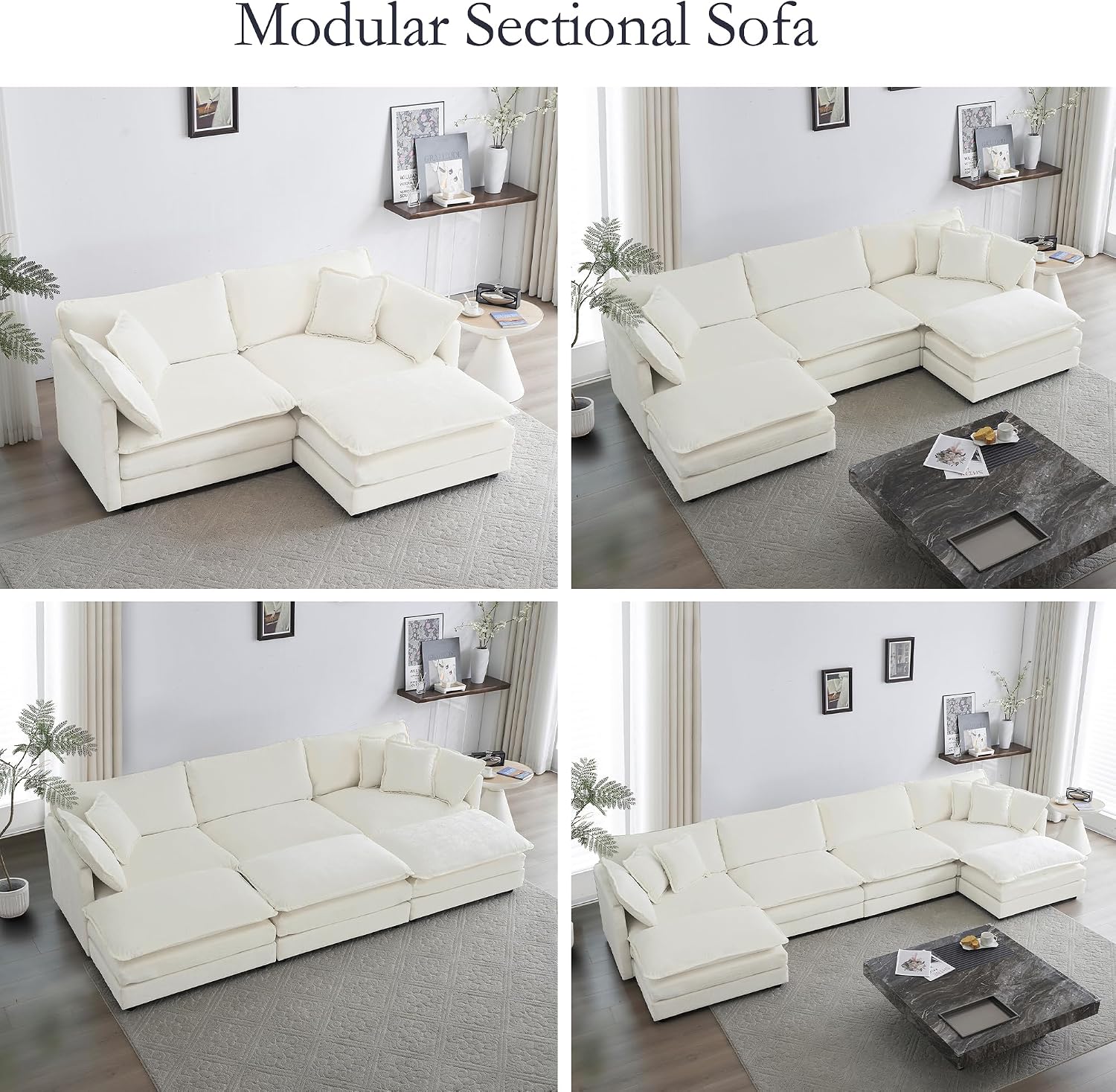 GNIXUU 111.5' Oversized Modular Sectional Sofa, Comfy Cloud Couch for Living Room, Modern Chenille Large Deep Seat U Shaped Couch with Reversible Chaise & Cushions(6 Seater, Beige White)