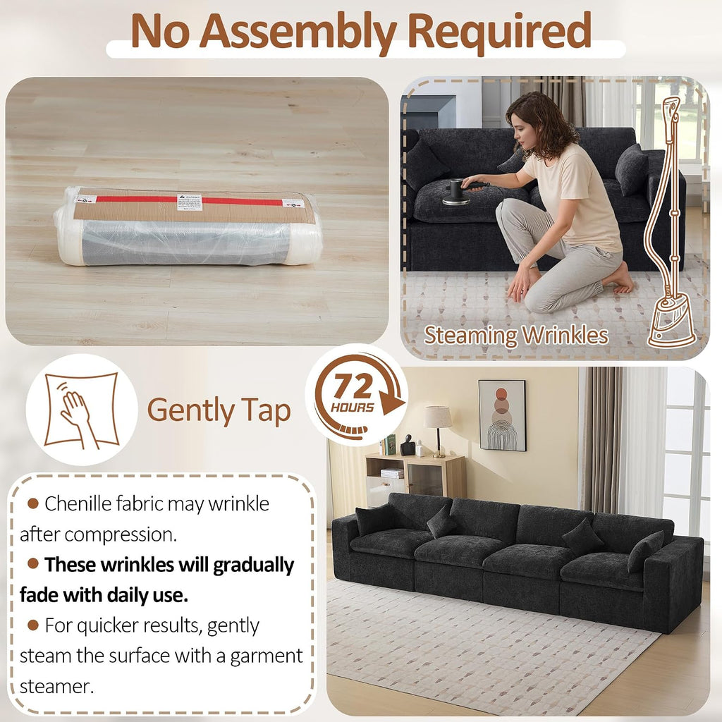 146''Cloud Boneless Sectional Couch, Modular Sectional Sofa Deep Seat, Oversized Upholstered Convertible Comfy 4 Seater Chenille Memory Foam Sofa Couches for Living Room, Dark