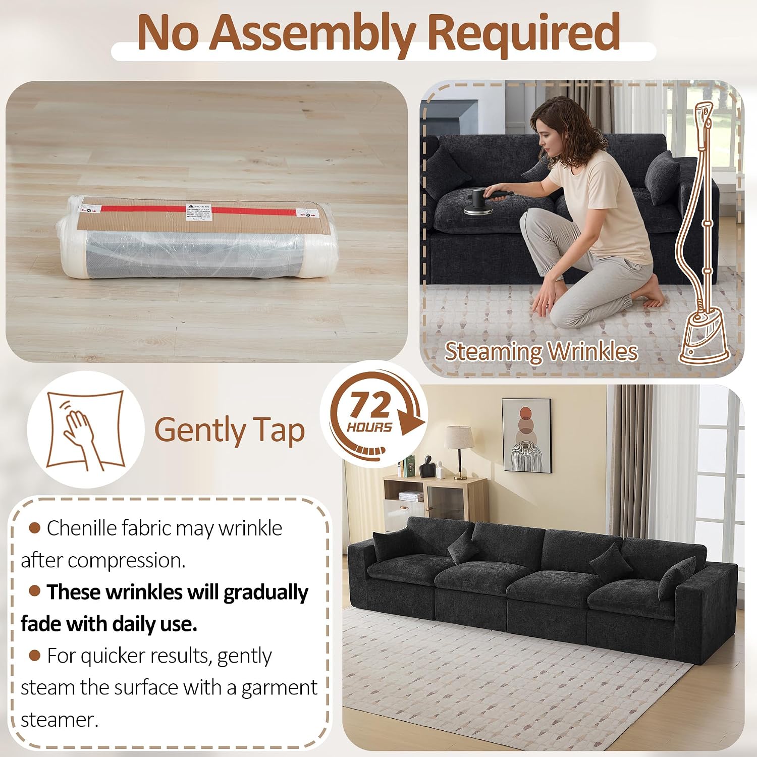 146''Cloud Boneless Sectional Couch, Modular Sectional Sofa Deep Seat, Oversized Upholstered Convertible Comfy 4 Seater Chenille Memory Foam Sofa Couches for Living Room, Dark