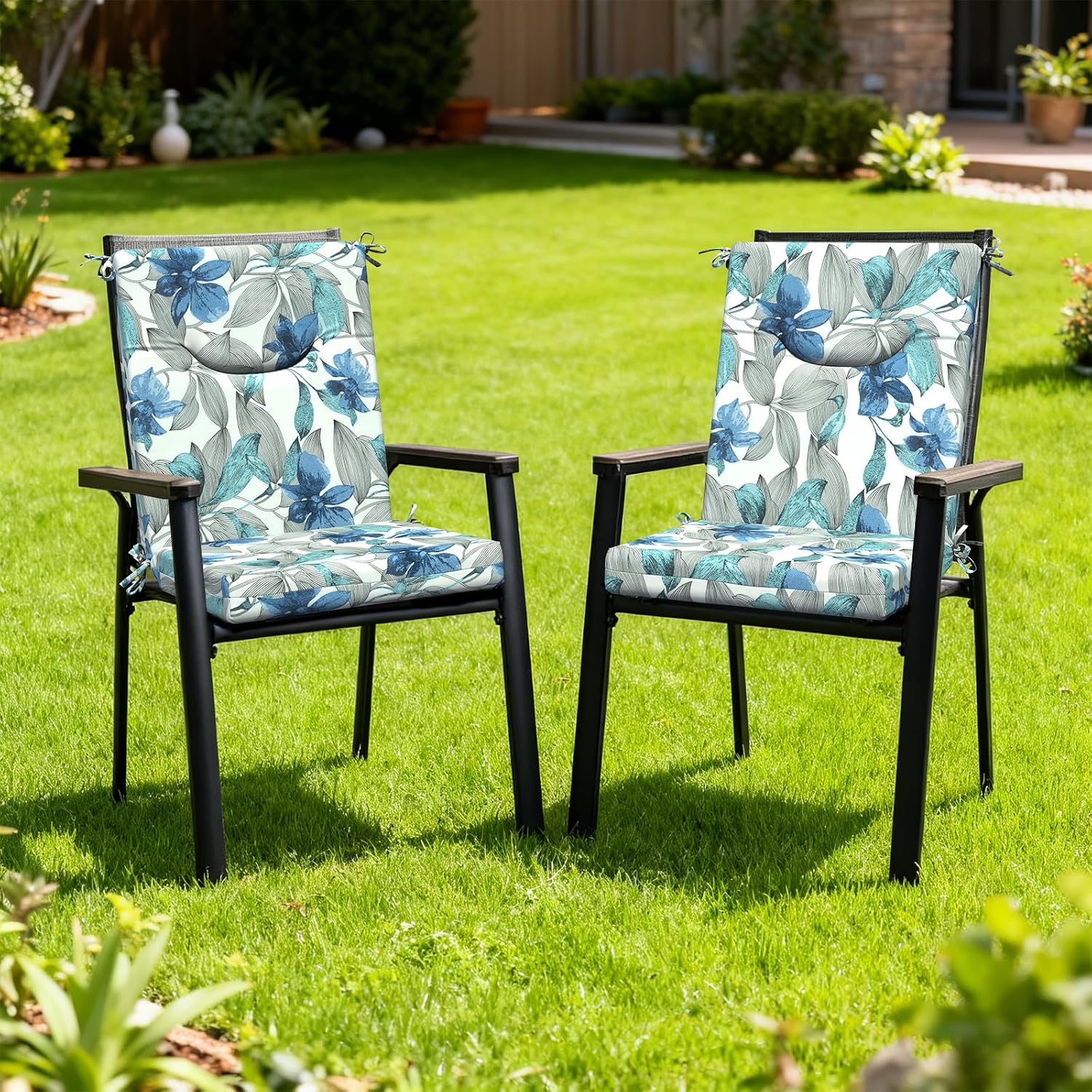 DYTXIII Outdoor High Back Chair Cushions Set of 2, 44x20 in Water Repellent Patio Seat Cushions with Elastic Sponge, All Weather Cushions for Rocking, Dining, Patio Furniture - Clemens Noir Blue