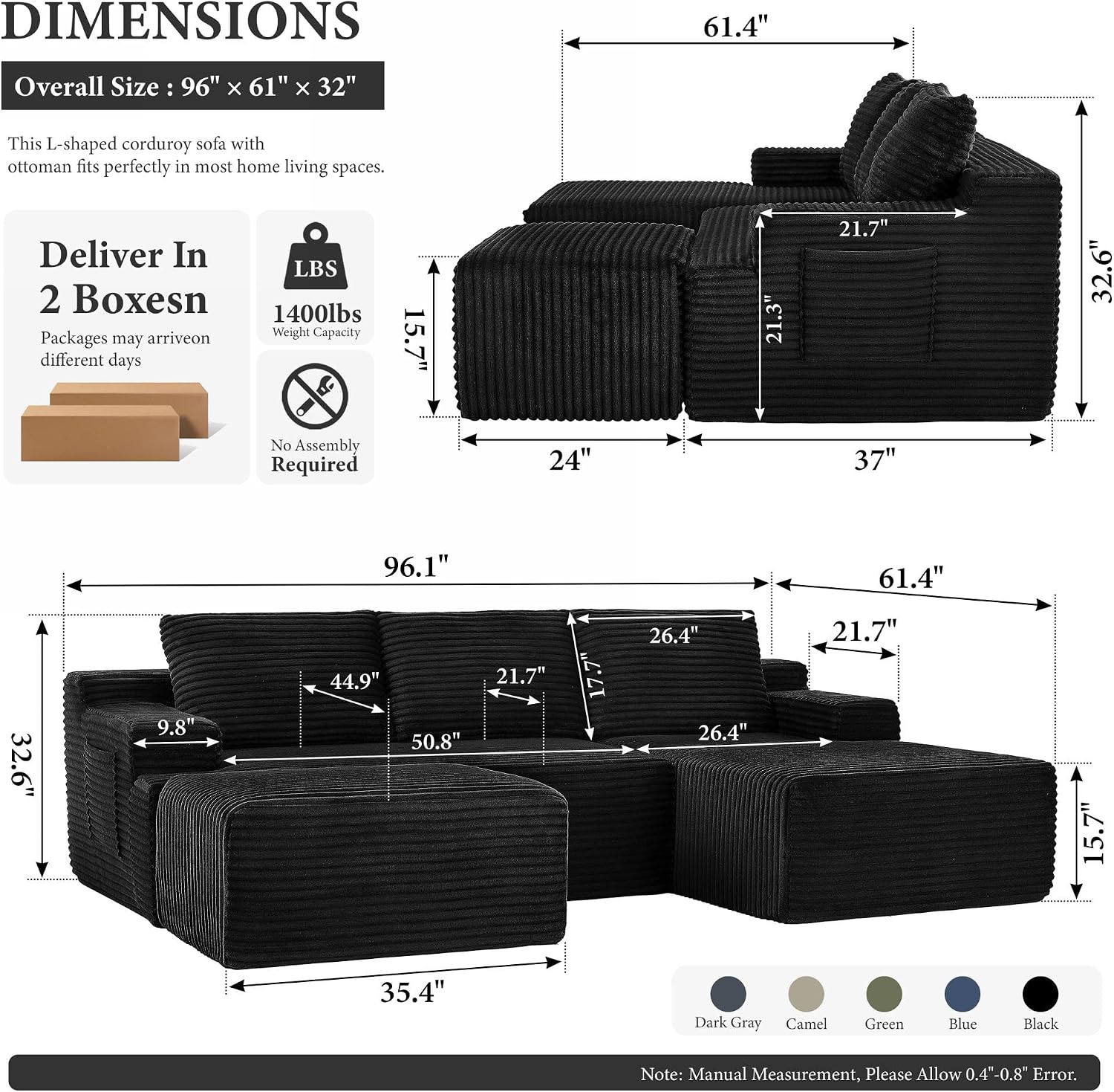 96' Sectional Couches for Living Room Cloud Couch Sofa with L-Shape Upholstered Boneless Couchs Modern Modular Sectional Couch with Chaise (Black, 96' W+Right Facing Chaise+2Seaters+Ottoman)