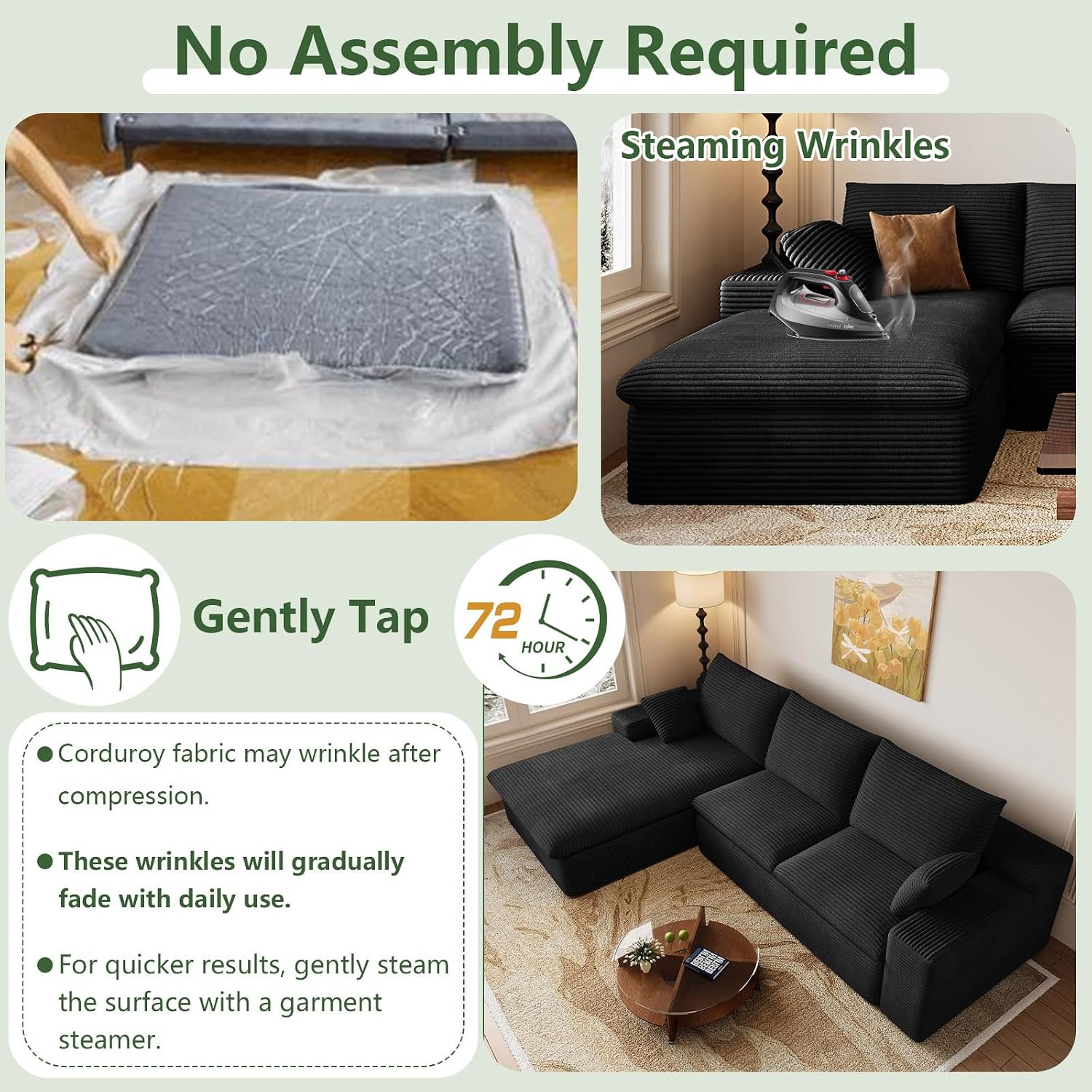 107' Cloud Couch Modular Sectional Sofa for Living Room, L-Shape Boneless Couch with Deep Seat, Modern Corduroy 3-Seater, No Assembly Required (Black,Left-Facing Chaise)