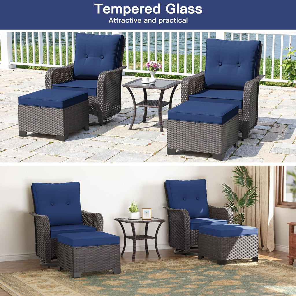 ALAULM 5-Piece Outdoor Swivel Rocking Chair Set with 4' Thick Cushions and High Back, Wicker Patio Chairs with Side Table & 2 Footstools for Porch, Poolside, Backyard—Dark Blue