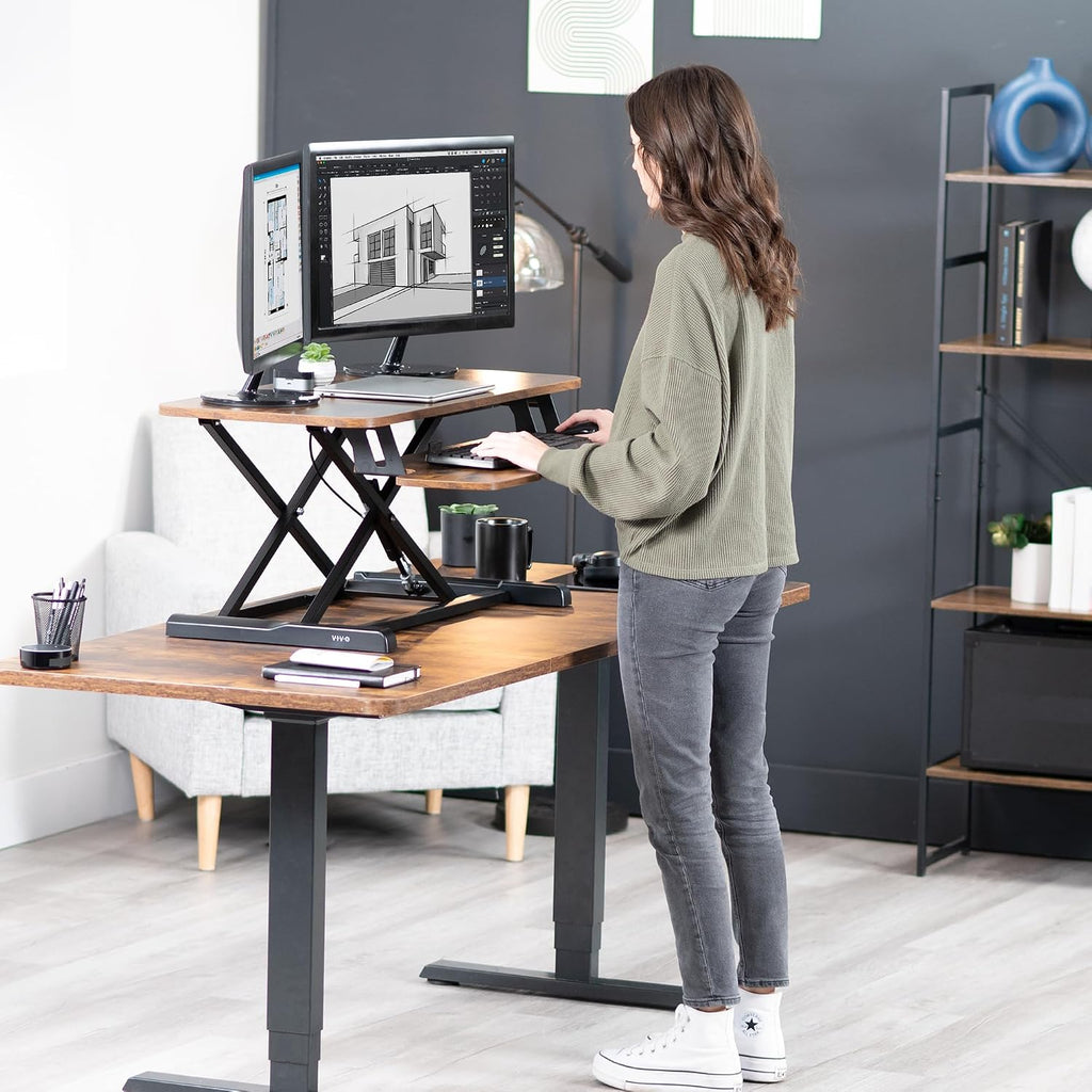 VIVO 36 inch Desk Converter, K Series, Height Adjustable Sit to Stand Riser, Dual Monitor and Laptop Workstation with Wide Keyboard Tray, Rustic Vintage Brown Top, Black Frame, DESK-V036KN