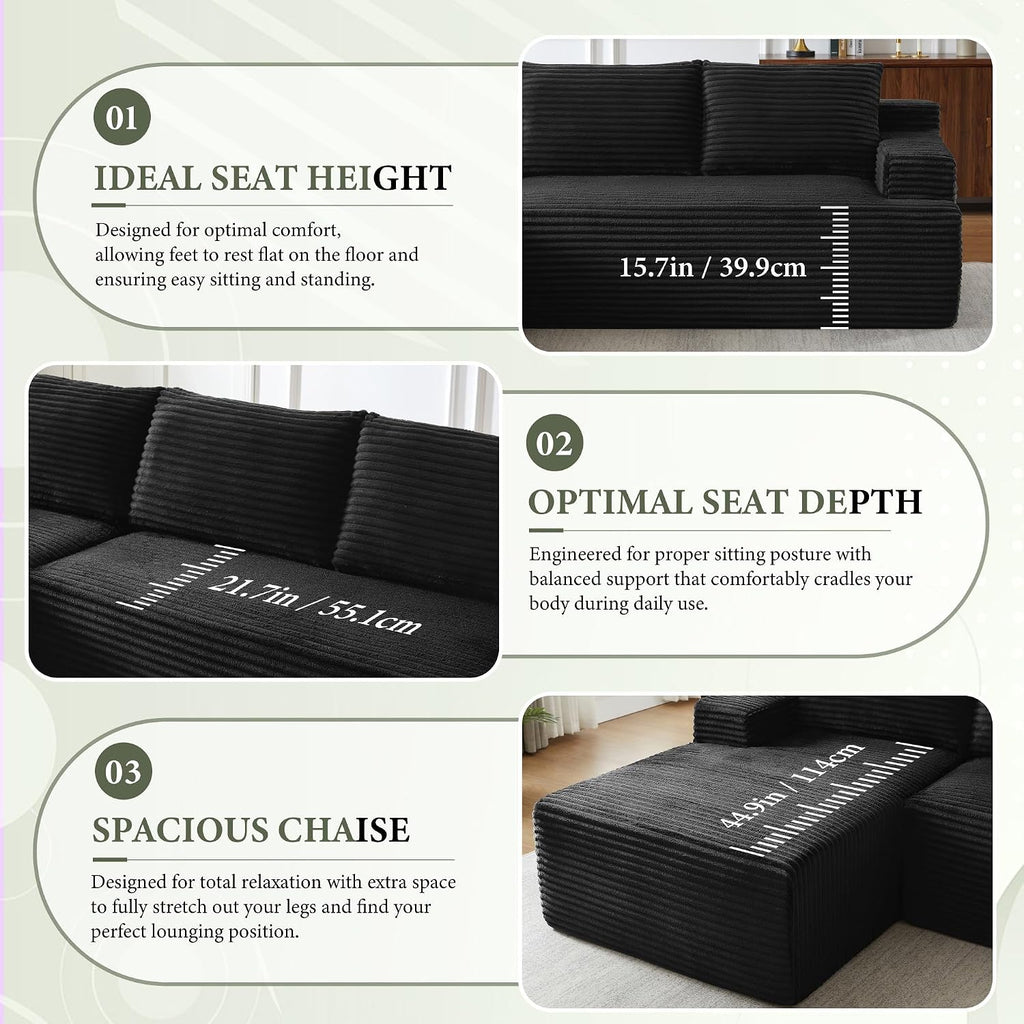 Sectional Couches for Living Room Cloud Couch Sofa with L-Shape Upholstered Boneless Couchs Modern Modular Sectional Couch with Chaise (Black, 96' W+Right Facing Chaise+2Seaters)