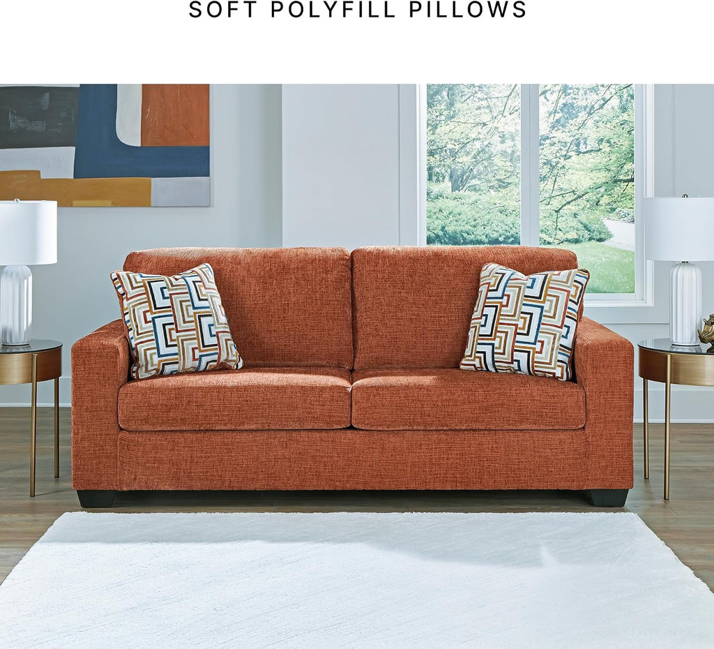 Signature Design by Ashley Aviemore Contemporary Sofa Sleeper with Folding Memory Foam Mattress and 2 Accent Pillows, Queen, Orange