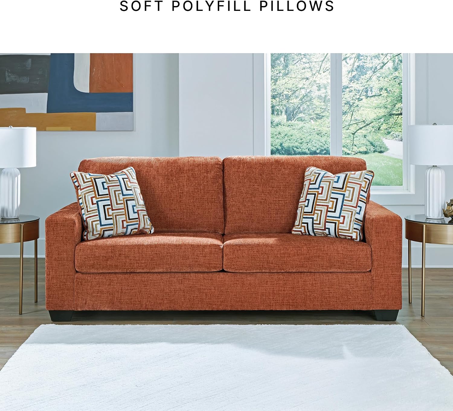 Signature Design by Ashley Aviemore Contemporary Sofa Sleeper with Folding Memory Foam Mattress and 2 Accent Pillows, Queen, Orange