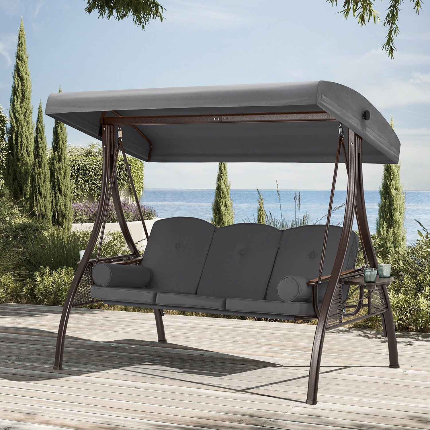 HOMREST 3 Person Outdoor Porch Swing with 1.5' Upgraded Cup Holder, Adjustable Canopy, Backrest, Patio Swing Bed with Weather Resistant Steel Frame, Cushions for Garden,Deck and Poolside(Gray)