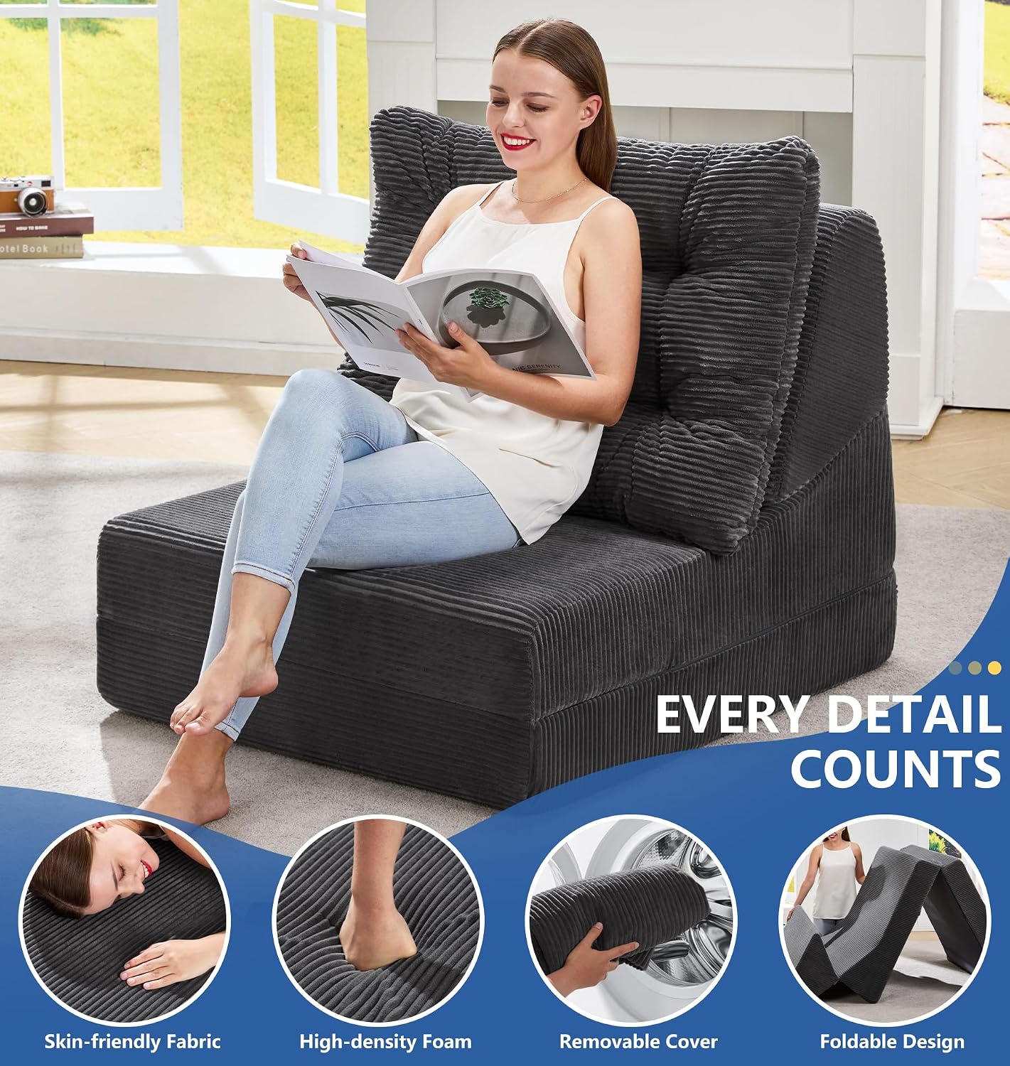 Hobestluk Sofa Couch Folding Sofa Bed Comfy Floor Lounger Convertible Sofa with Removable Cushion Couches for Small Spaces Foldable Mattress for Living Room Bedroom or Office (Cordury Grey, Large)