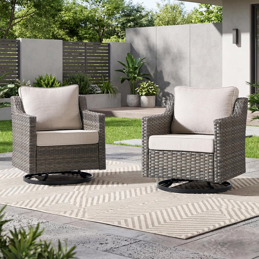 Luxury Patio Furniture Chairs Set - 2 Pieces All Weather Wicker Outdoor Couch and High Back Swivel Rocker Patio Chairs for Deck Yard and Poolside Gray Wicker | Beige Cushions
