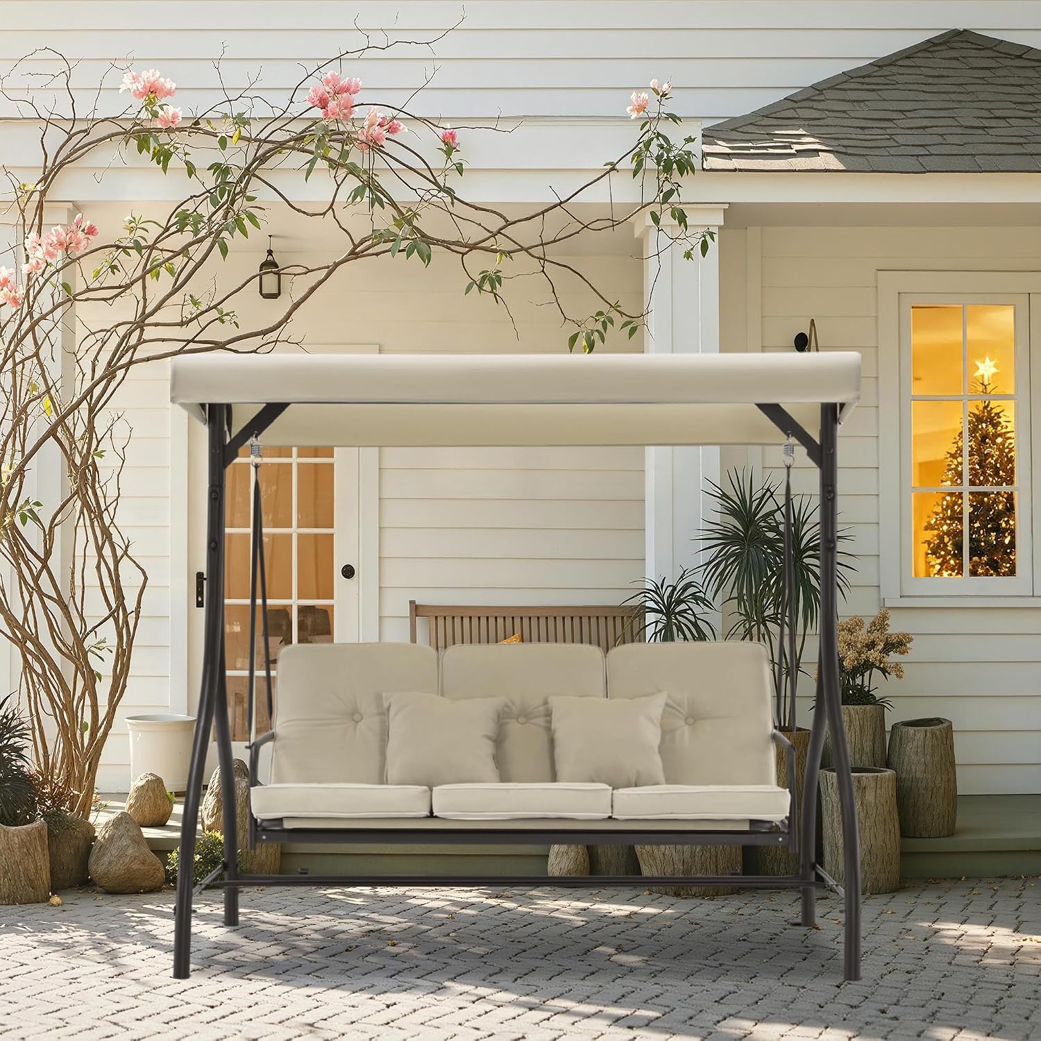 MCombo 3-Seat Outdoor Patio Swing Chair, 2-in-1 Convertible Porch Swing Glider Chair with Removable Cushions, Adjustable Canopy & Pillows for Backyard, Deck, Garden, 4068 (Beige)