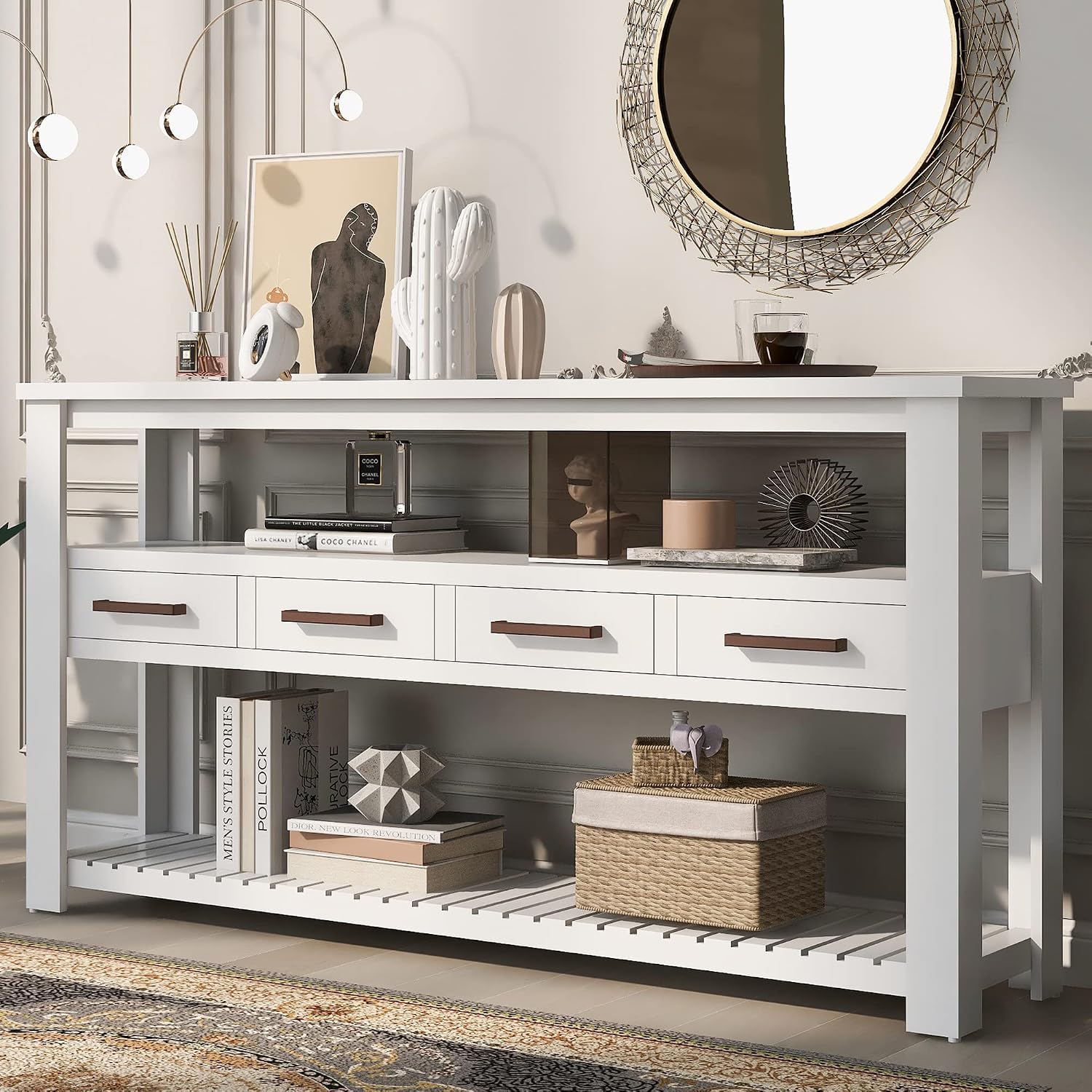 Modern Console Table Long Narrow 62-Inch Sofa Entry Table with Drawers & Open Shelves for Living Room Entryway, Easy Assembly (White)