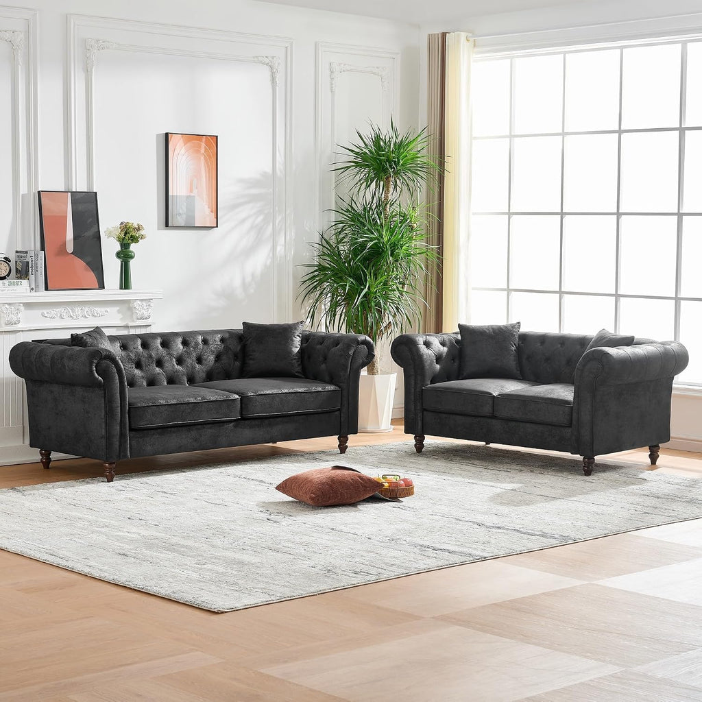 Air Leather Tufted Sofa Couch for Living Room, Rolled Arm 3-Seater Sofa Couch with 2 Pillows, Small Apartment Chesterfield Sofa