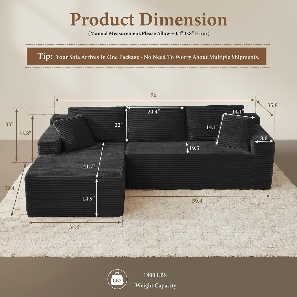 96' Sectional Couches for Living Room Cloud Couch Sofa with L-Shape Upholstered Boneless Couchs Modern Modular Sectional Couch with Chaise (Black, 95' W+Left Facing Chaise+2Seaters)