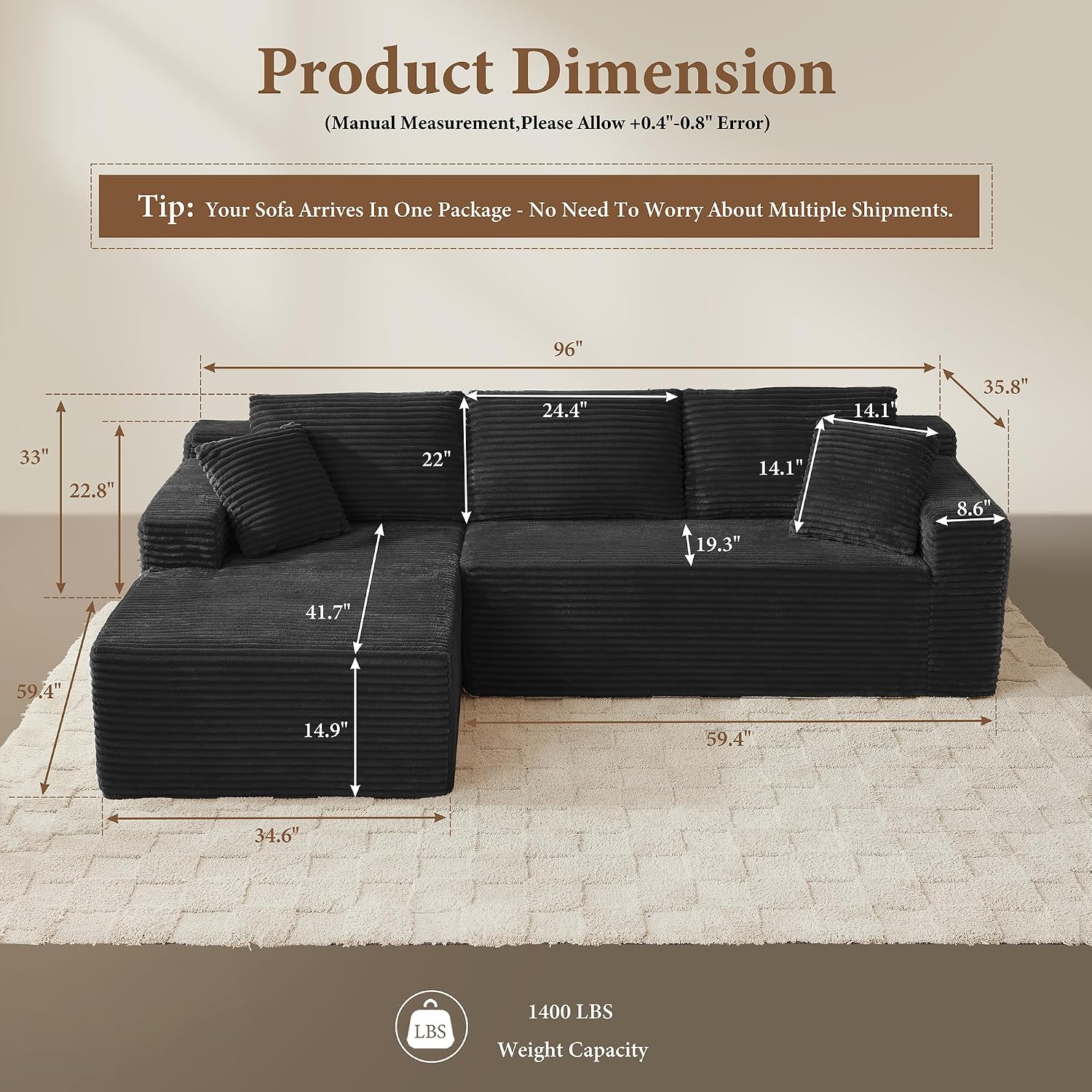 96' Sectional Couches for Living Room Cloud Couch Sofa with L-Shape Upholstered Boneless Couchs Modern Modular Sectional Couch with Chaise (Black, 95' W+Left Facing Chaise+2Seaters)