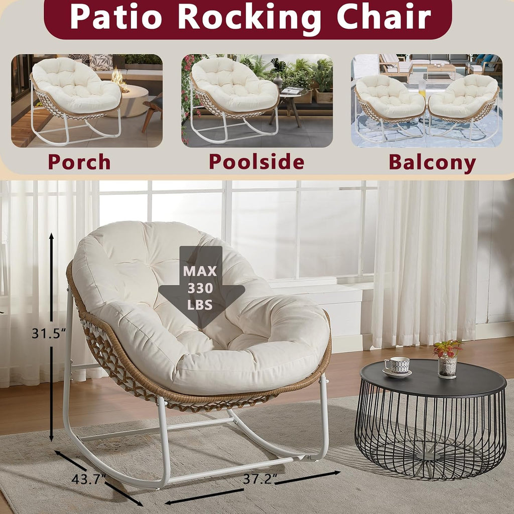 YDcosyfy Oversized Outdoor Papasan Rocking Chair with Soft Cushion, Comfy Patio Egg Chair, Wicker Lounge Rocker for Balcony/Porch/Garden, Reinforced All Weather Rattan Frame, 330 lbs Support, Cream