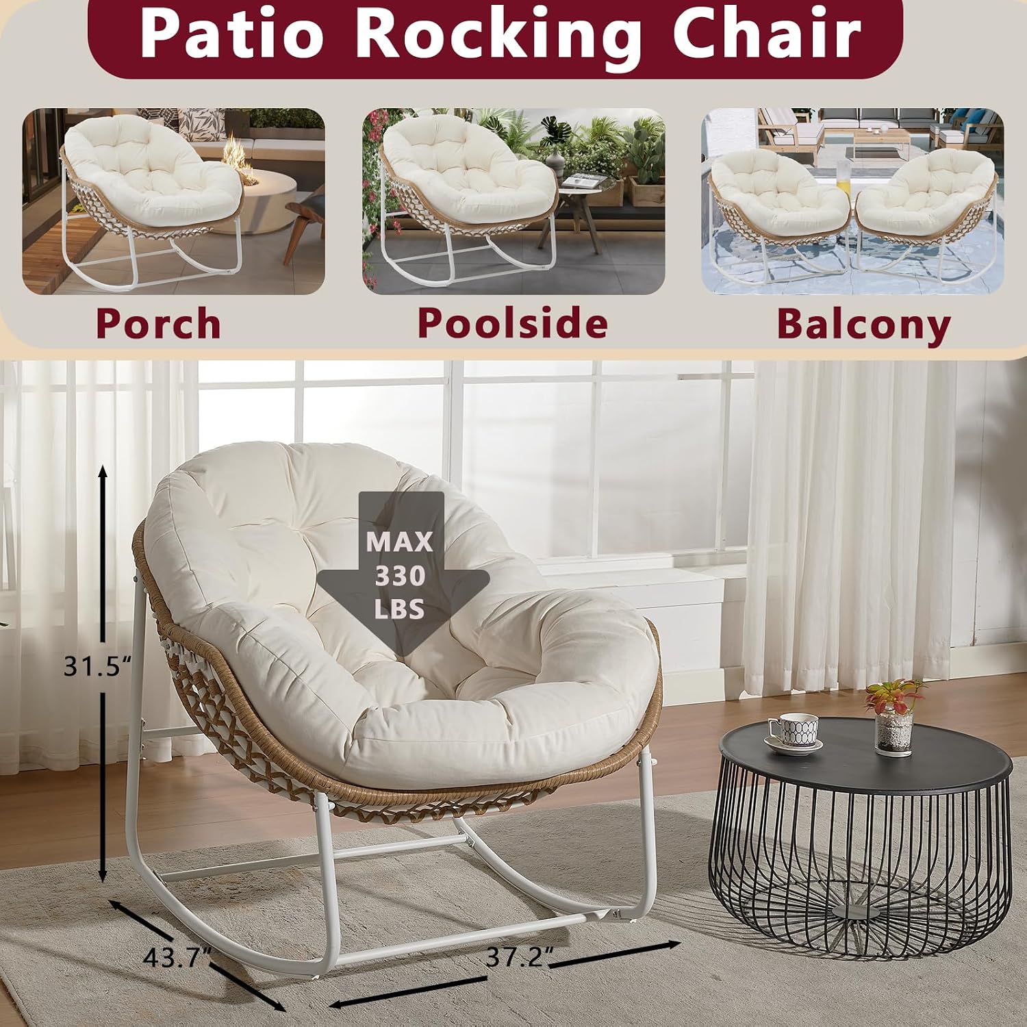 YDcosyfy Oversized Outdoor Papasan Rocking Chair with Soft Cushion, Comfy Patio Egg Chair, Wicker Lounge Rocker for Balcony/Porch/Garden, Reinforced All Weather Rattan Frame, 330 lbs Support, Cream