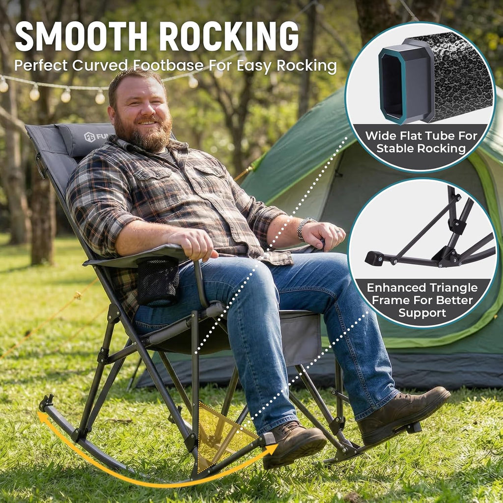FUNDANGO Oversized Rocking Camping Chair for Adults, High Back Padded Folding Lawn Chairs with Pillows, Wide Armrest, 2 Cup Holders, Carry Bag for Patio Garden Outdoor Supports 440Lbs (Grey)