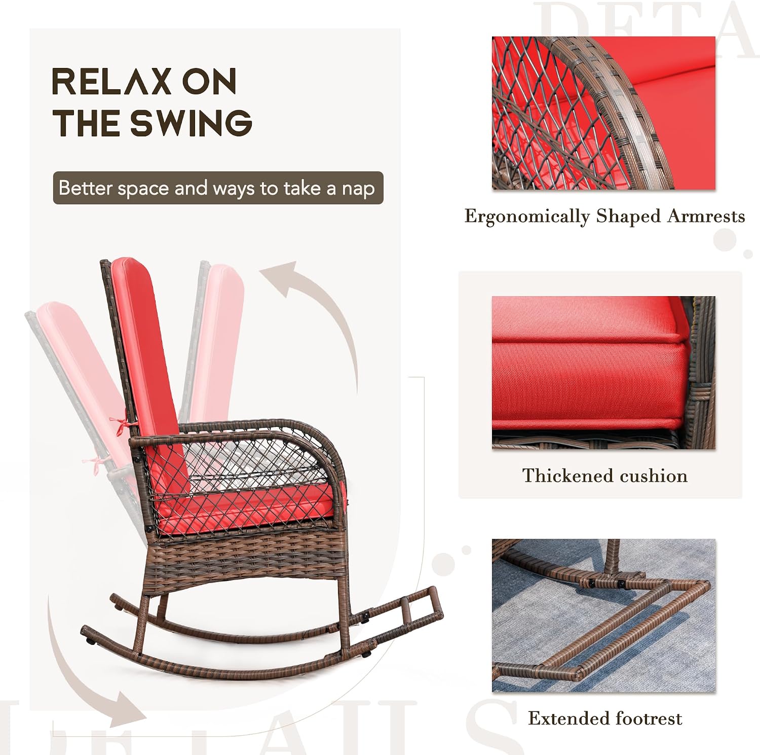Devoko Outdoor Rocking Chairs 3 Piece Patio Furniture Set with Side Table & Cushions, Wicker Porch Rocker Bistro Set High Back for Balcony, Backyard, Garden (Red)