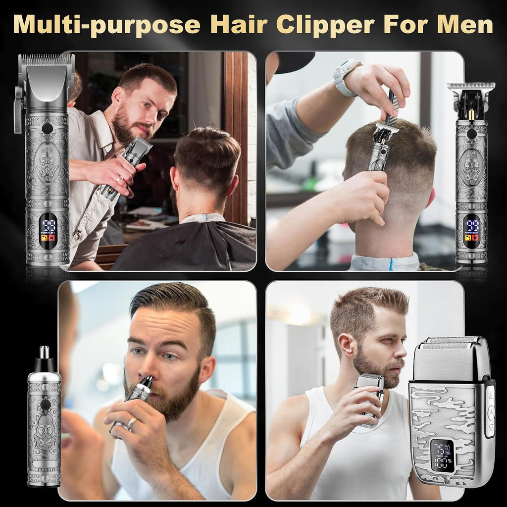 QREEYX Hair Clippers for Man T-Blade Trimmer Nose Hair Trimmer Electric Shaver Set, Professional 4 in 1 Barber Clippers Set for Haircut, Men's Grooming Kit with LCD Display, Ideal Gift for Him
