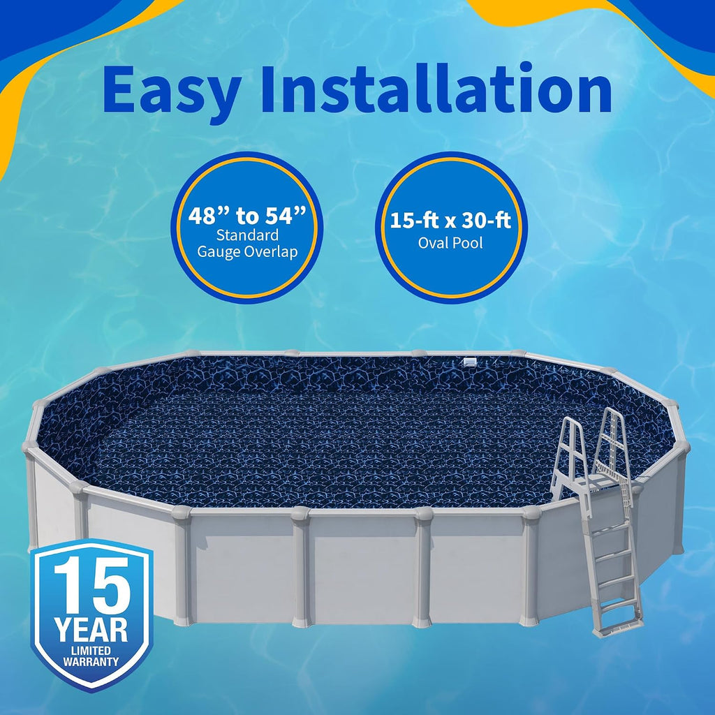 Blue Wave Evening Bay 15-ft x 30-ft Overlap Oval Pool Liner for Above-Ground Steel Wall Pools – Weather Resistant Standard Gauge Vinyl w/Welded Seams – Dark Blue, 48/54-In Depth Walls