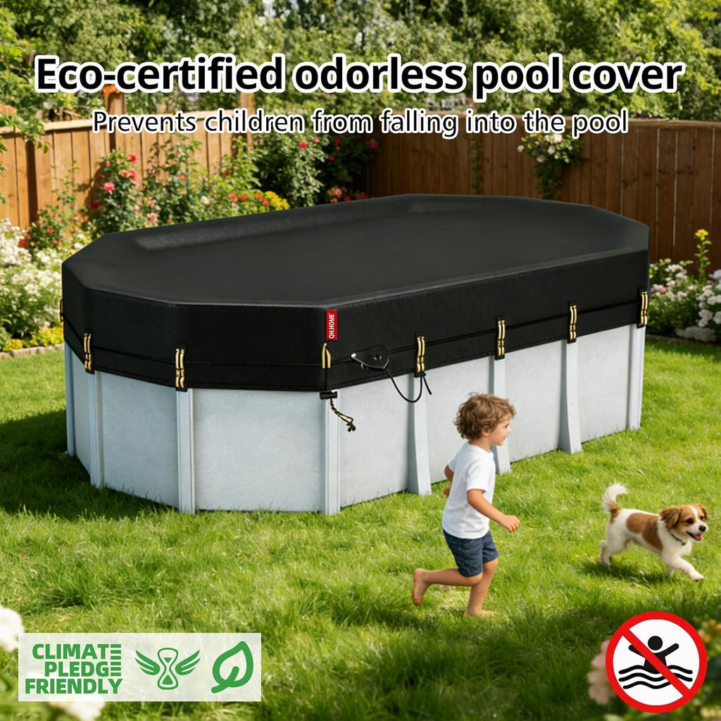 QH.HOME 16x32 Ft Oval Pool Cover for Steel Wall Pool,[Ultimate Windproof & Tear-Resistant Fabric],Snug Fit with Patented Ratchet & Weight Rings, Blocks Leaves &Waterproof