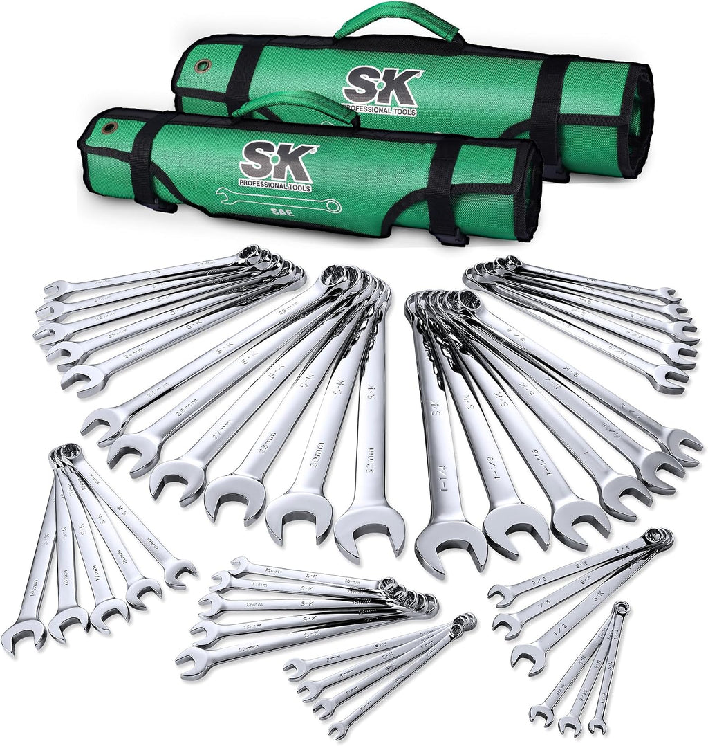 SK Combination Wrench Set, SAE 1/4' to 1-1/4', Metric 6 to 32mm, 42-Piece, SuperKrome Finish, Premium CR-V Construction, with Rolling Pouch