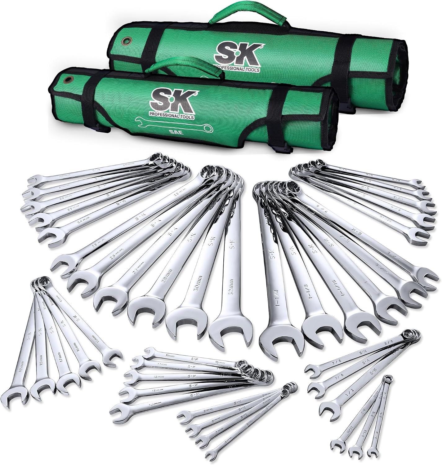 SK Combination Wrench Set, SAE 1/4' to 1-1/4', Metric 6 to 32mm, 42-Piece, SuperKrome Finish, Premium CR-V Construction, with Rolling Pouch
