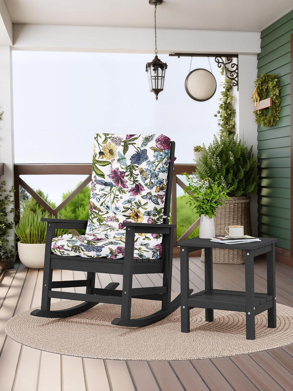 KINGYES Oversized Outdoor Rocking Chair with Cushion, All-Weather Patio Rocking Chairs, HDPE Porch Rocker for Adults, 350 lbs Capacity, Grey Chair with Flower Cushion