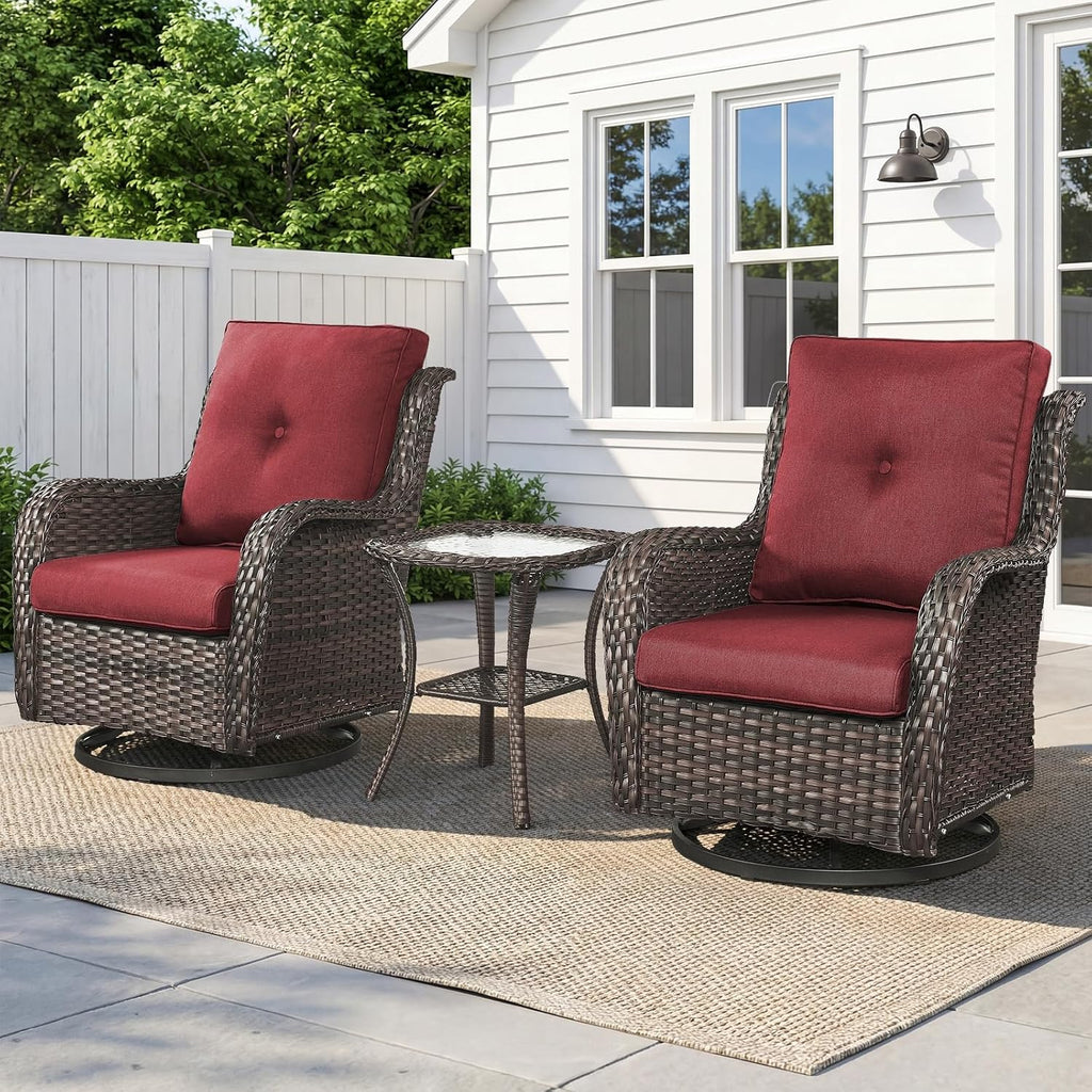 Belord Patio Wicker Chairs Swivel Rocker,Outdoor Patio Furniture Set with Rattan Side Table, All Weather Conversation Set for Porch Poolside Balcony, Brown Wicker/Red