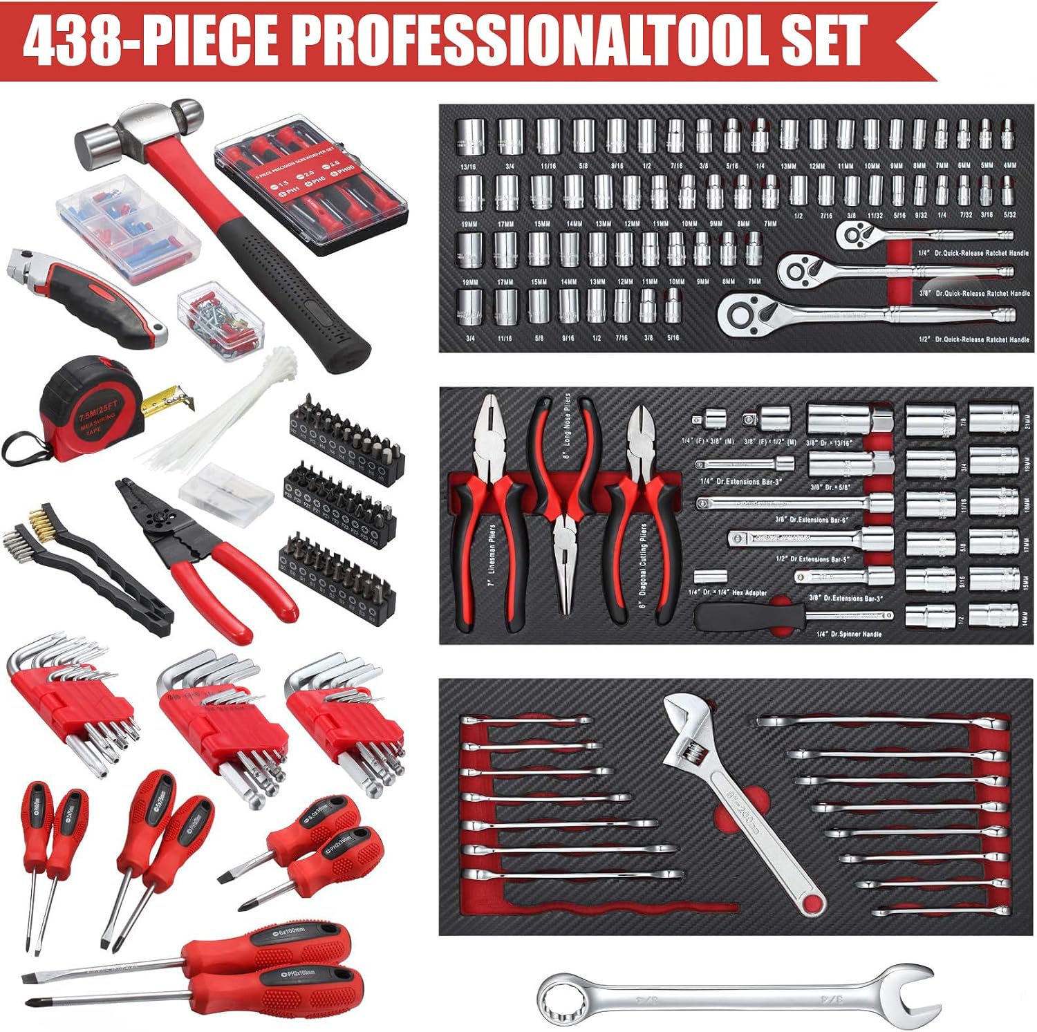 438-Piece Mechanics Tool Set with 3-Drawer Heavy Duty Metal Box Repair Tool Kit -02