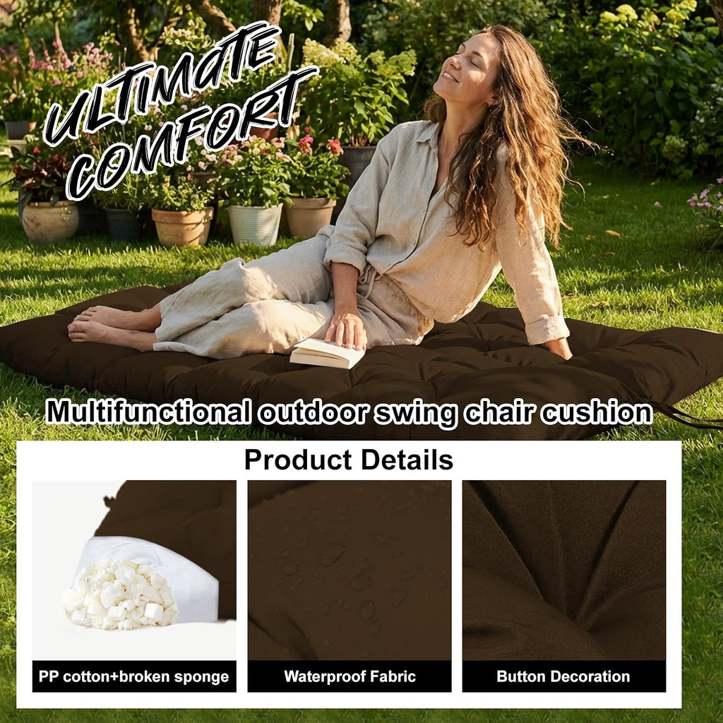 Waterproof Porch Swing Cushion Replacement, 2–3 Seat Swing Seat Cushion with Backrest & Ties, Thick Outdoor Bench Cushion for Patio Garden Porch (Brown, 40 x 60 in)