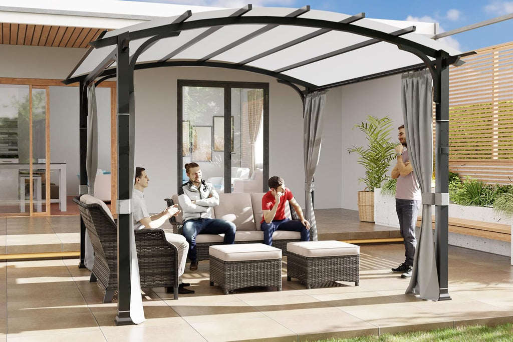 Meetleisure 11'x11' Outdoor Pergola with Sidewalls - Arched Top Outdoor Pergola with Metal Steel Frame and Textilene Top Canopy, Ideal for BBQ Party & Family Gathering, Grey Top